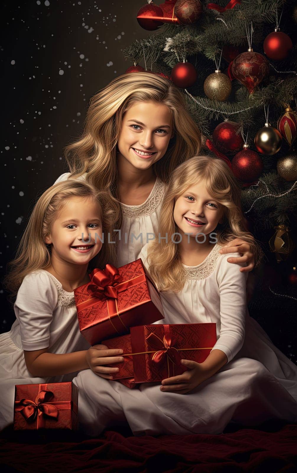 Girls unpacking gifts under the Christmas tree on winter holidays. Xmas family scene. Generated AI