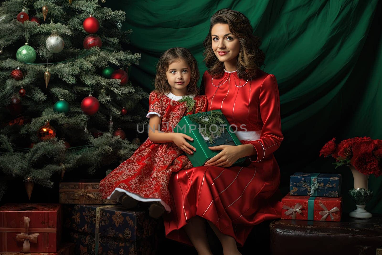 Mother and daughter sitting under the Christmas tree with gifts during winter holidays. Generated AI