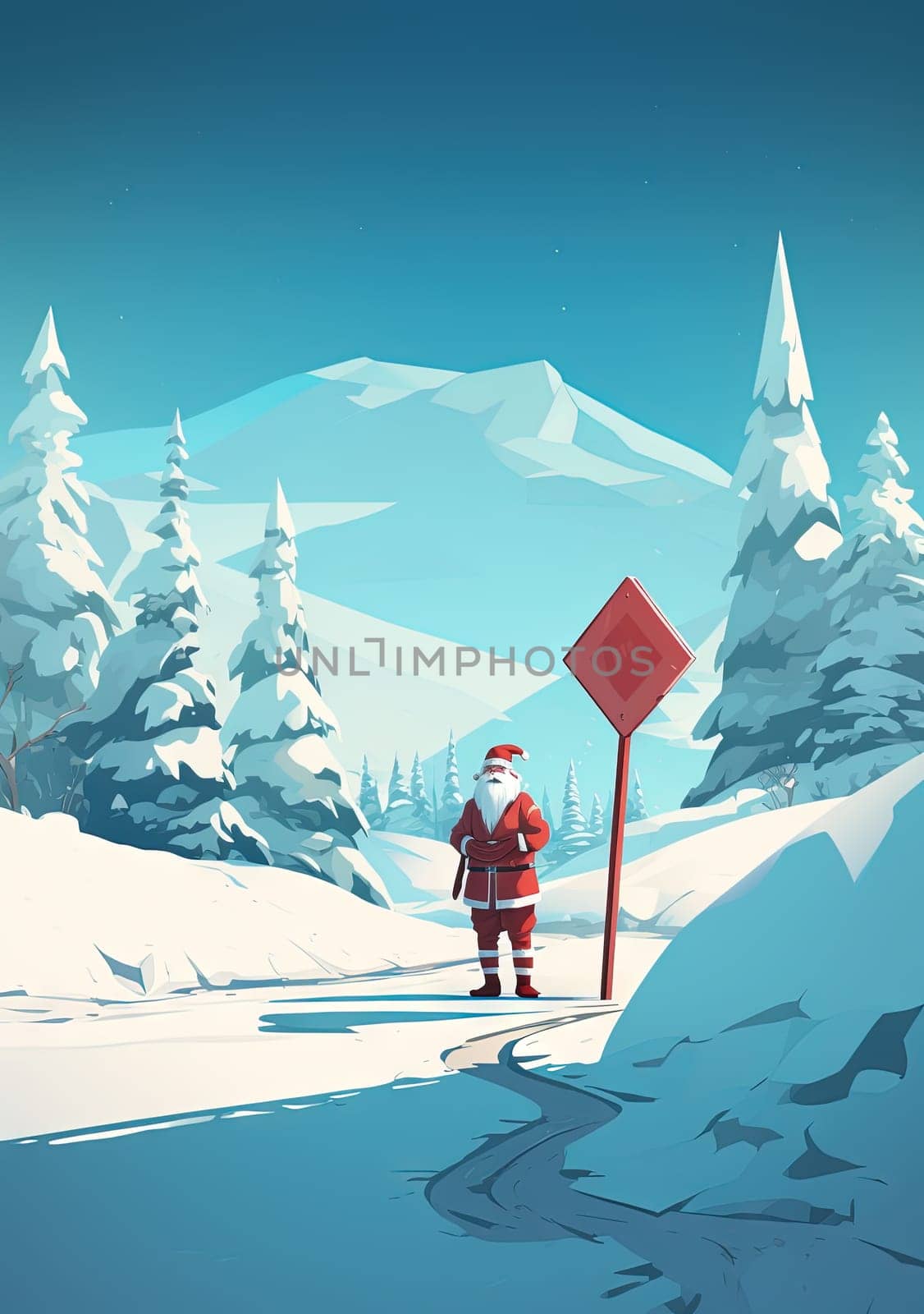 Santa with singboard on Christmas holidays. Road sign on winter track with Santa Claus. Generated AI