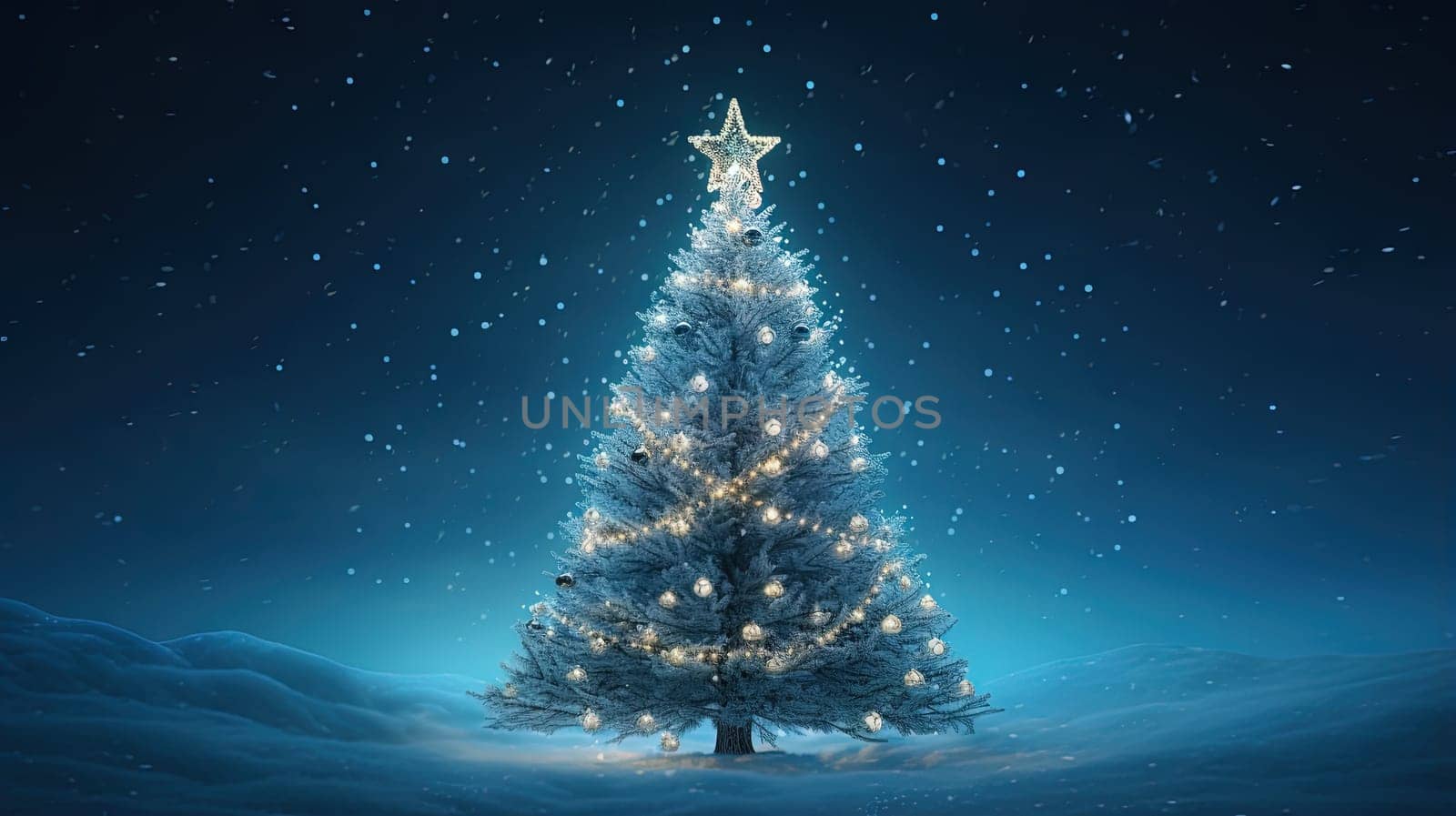 Christmas tree shining with stars, garlands and baubles in the evening snowy backyard. Generated AI