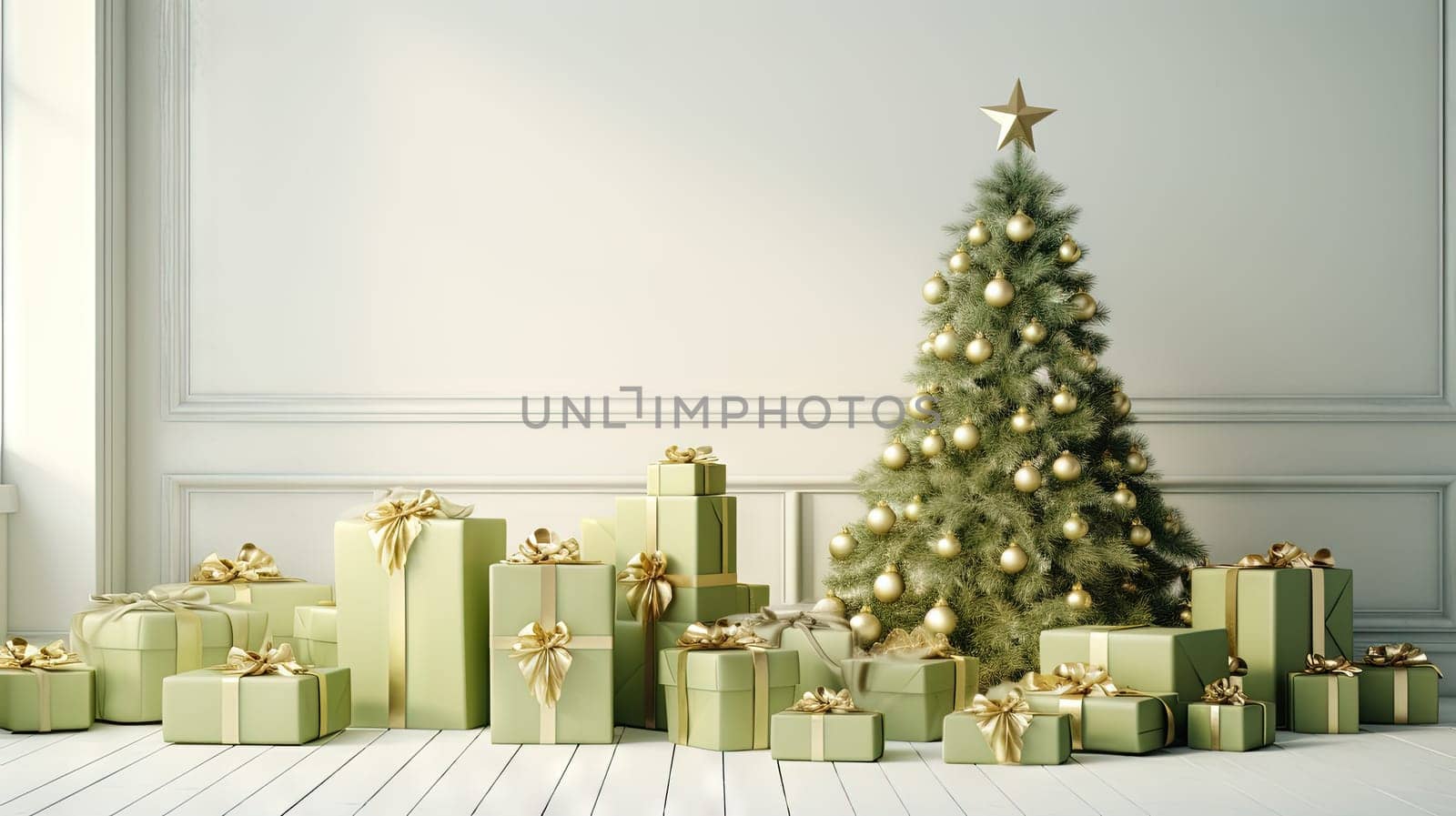 Christmas tree with gifts in the bright room in morning. Winter holidays in light interior. Generated AI