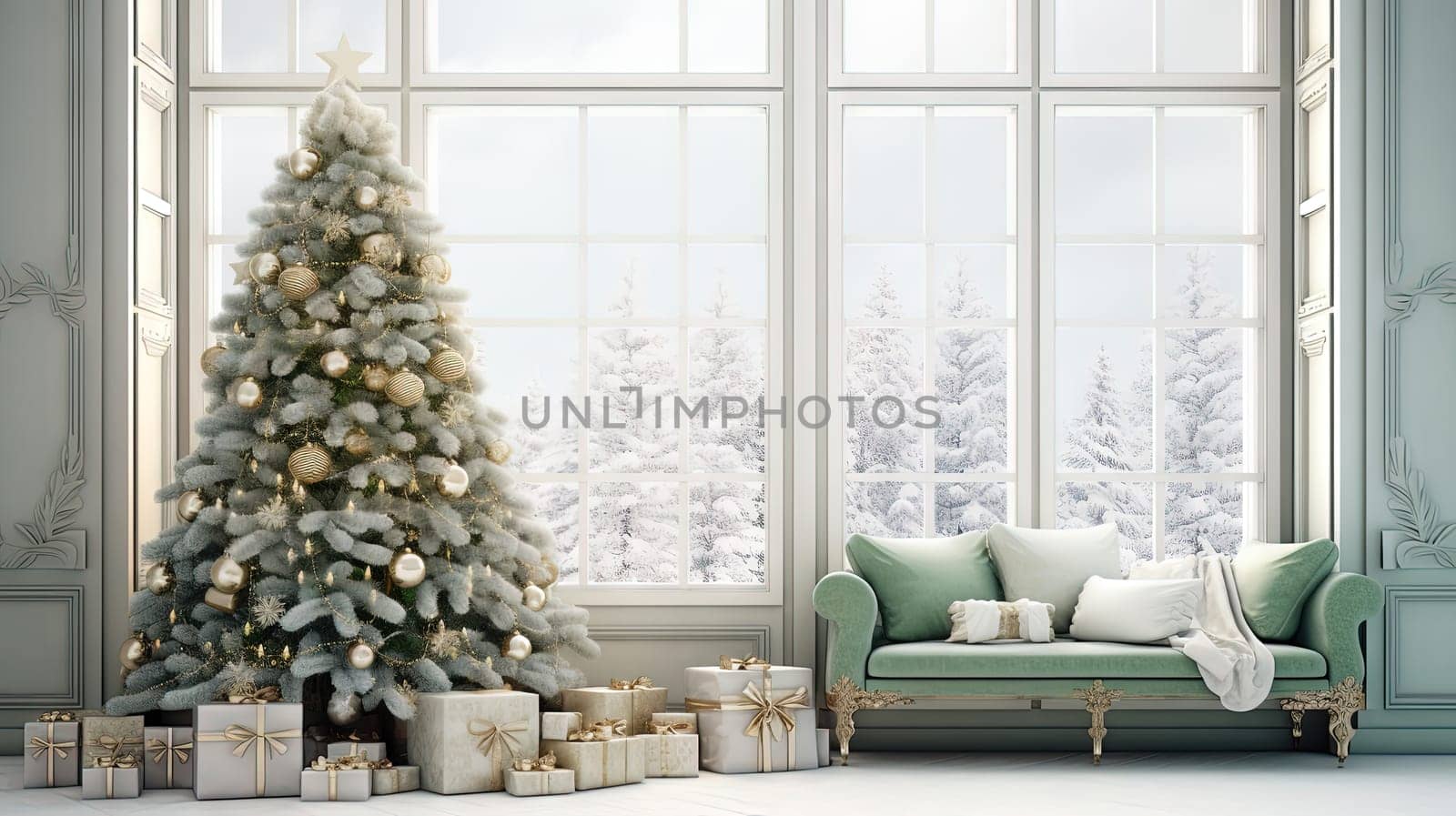 Christmas tree with gifts in the bright room in morning. Winter holidays in light interior. Generated AI