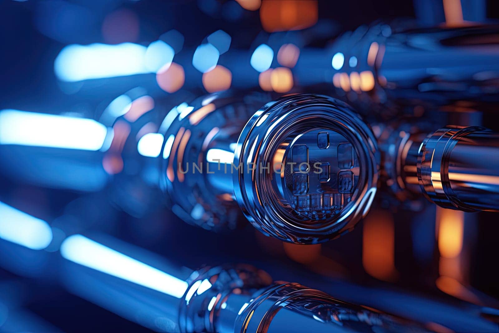 Abstract chrome pipes composition. Industry themed background with shiny metallic connected pipes. Generated AI