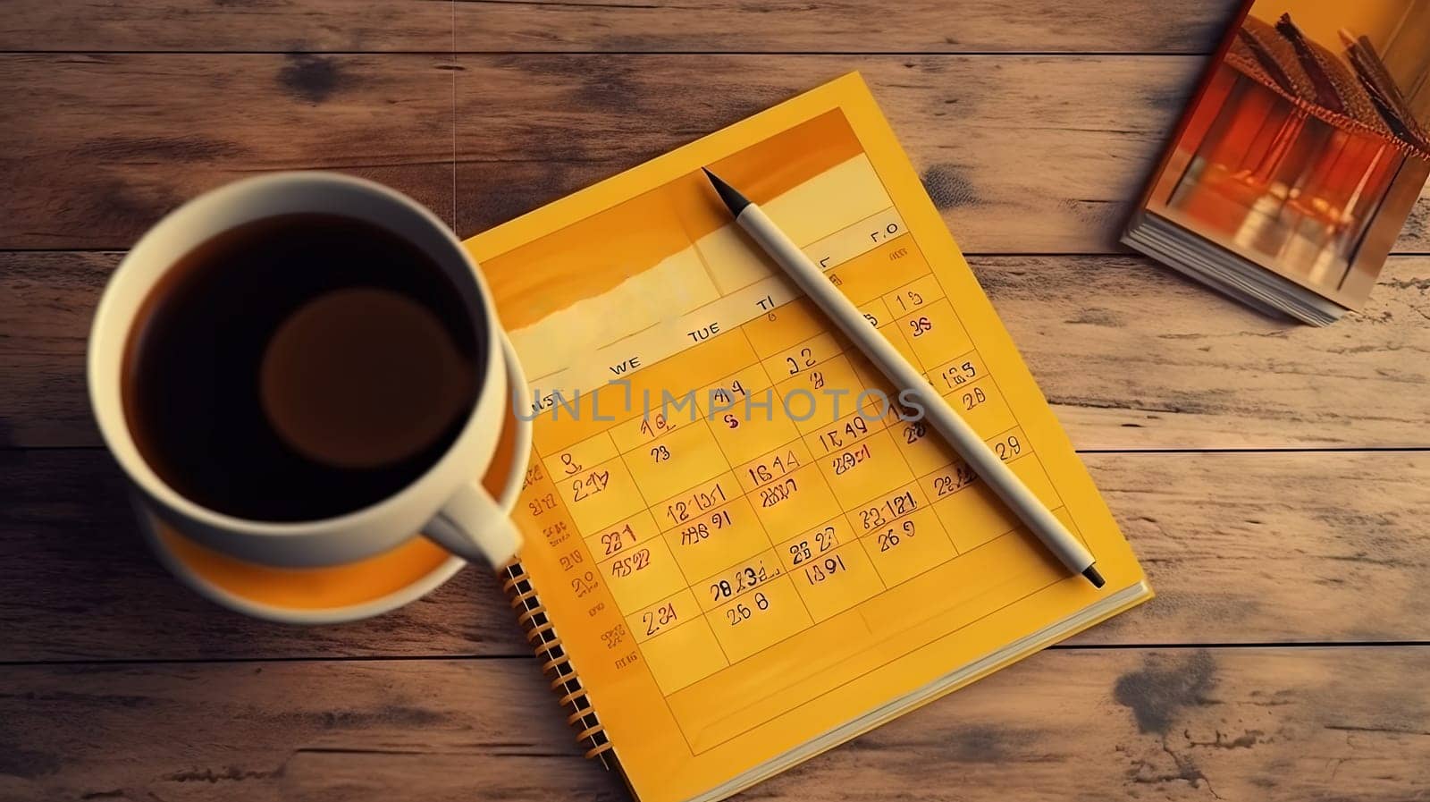 Cup of coffee and notepad with pen composition, top view. Generated AI