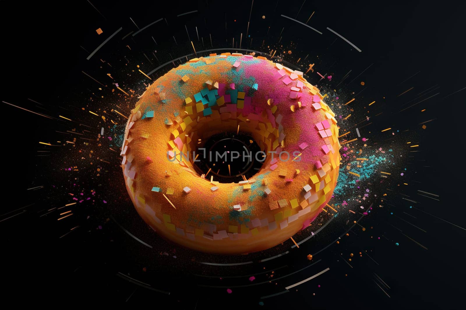 Donut expressive shot with topping and sugar powder splash. Tasty donut food styling image. Generative AI