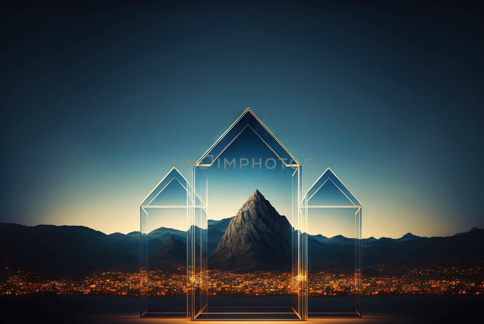 Glass architecture in the mountain landscape. Architectural abstraction combined with nature. Generated AI