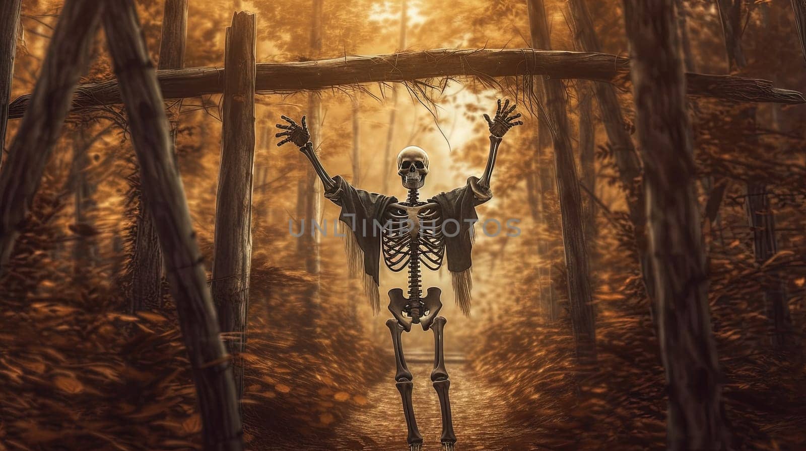 Scary skeleton in the forest on Halloween holidays. Spooky celebration invitation background. Generated AI