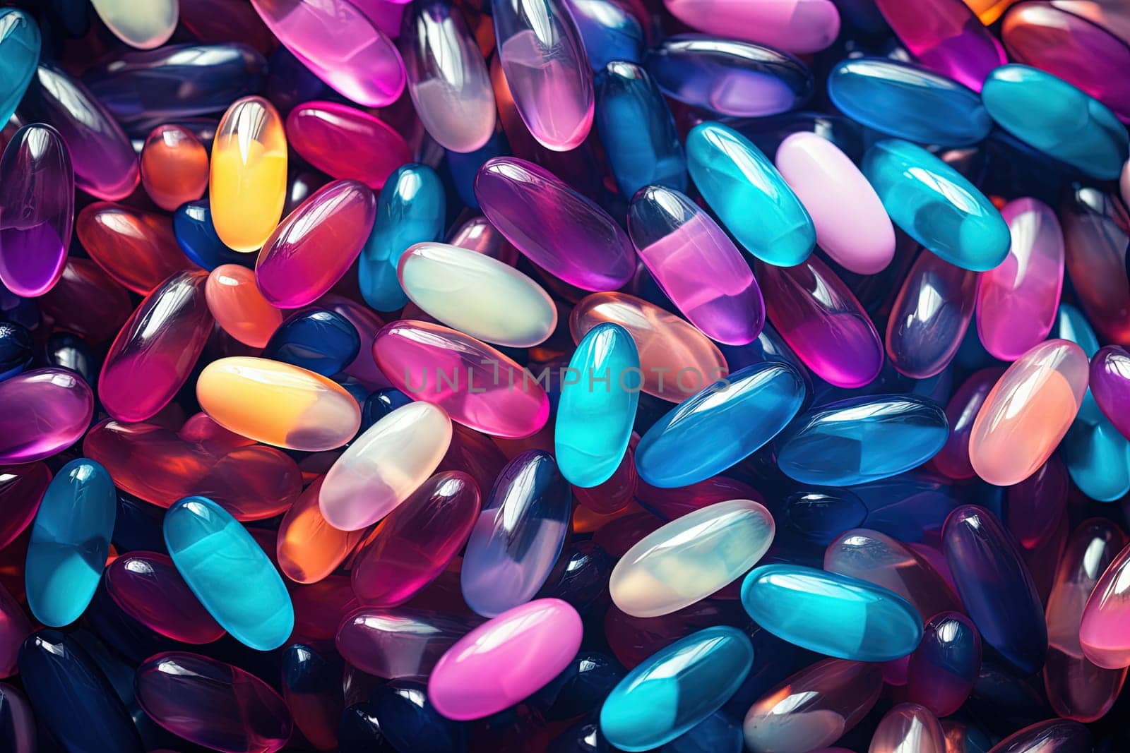 Background with pills and capsules in neon blue and purple colors. Medical drug or dietary supplement concept. Generated AI