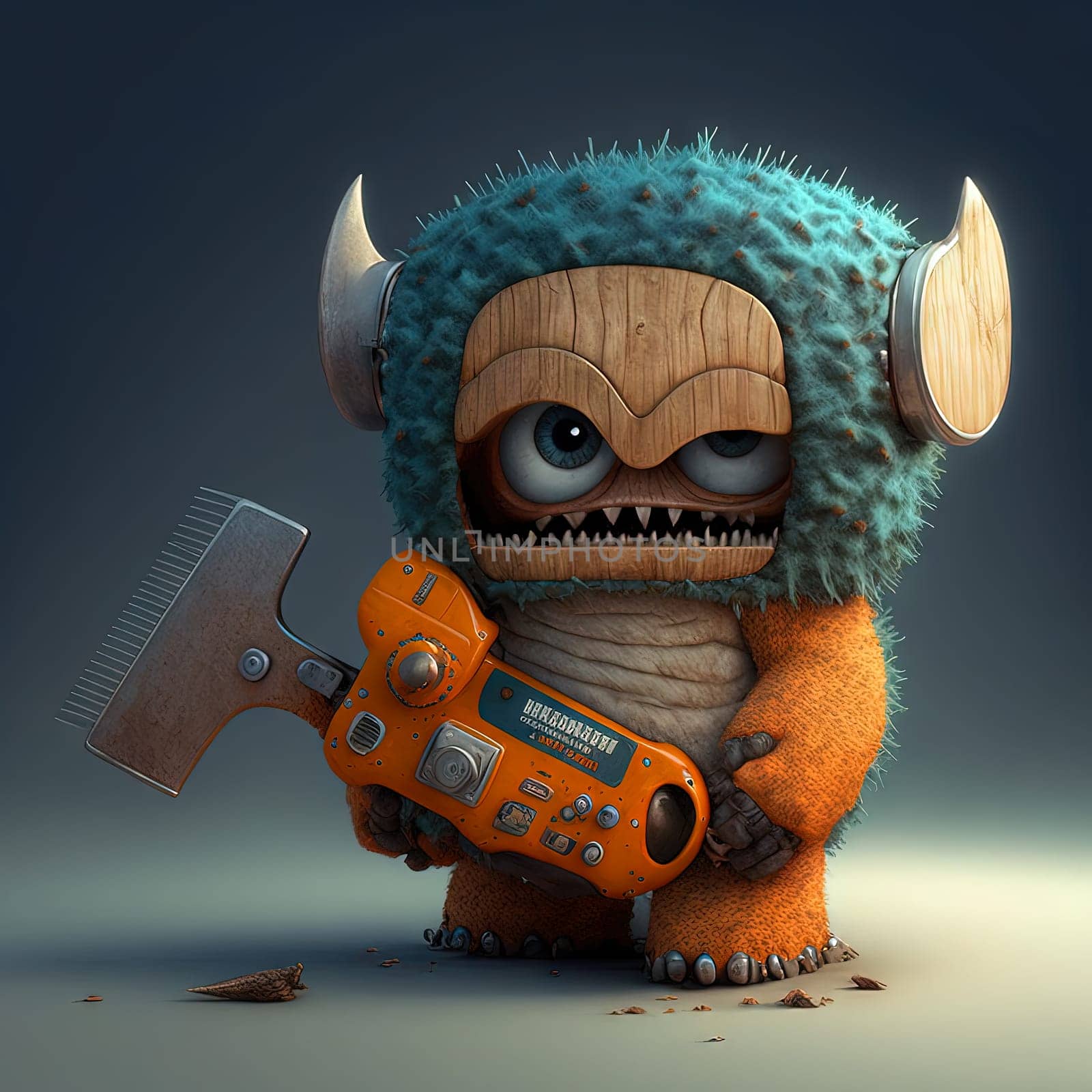 Funny and spooky figure of monster with a chainsaw. Crazy lumberjack mascot. Generative AI