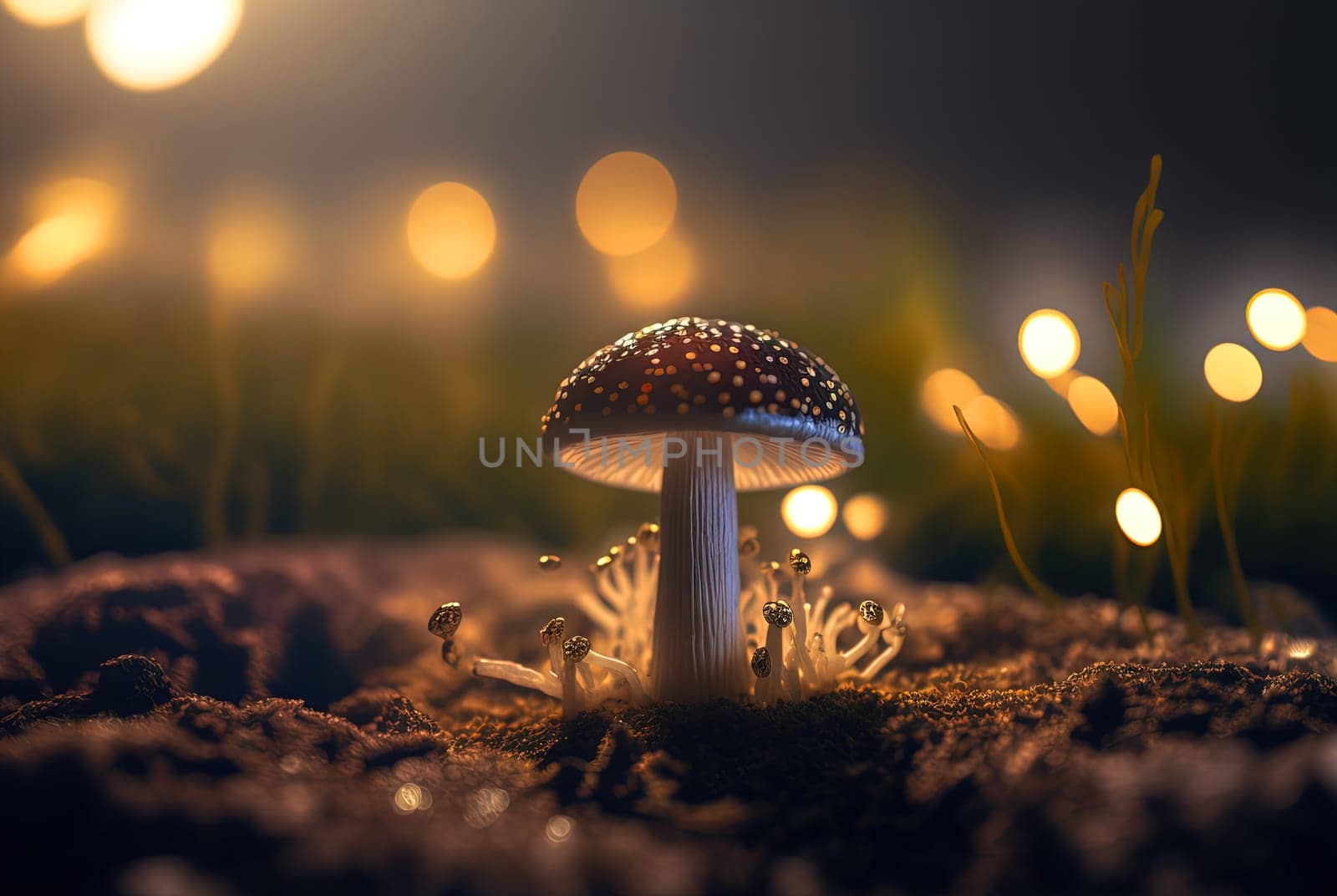 Mystery mushroom on the bump. Fairytale background with mystic mushroom. Generated AI