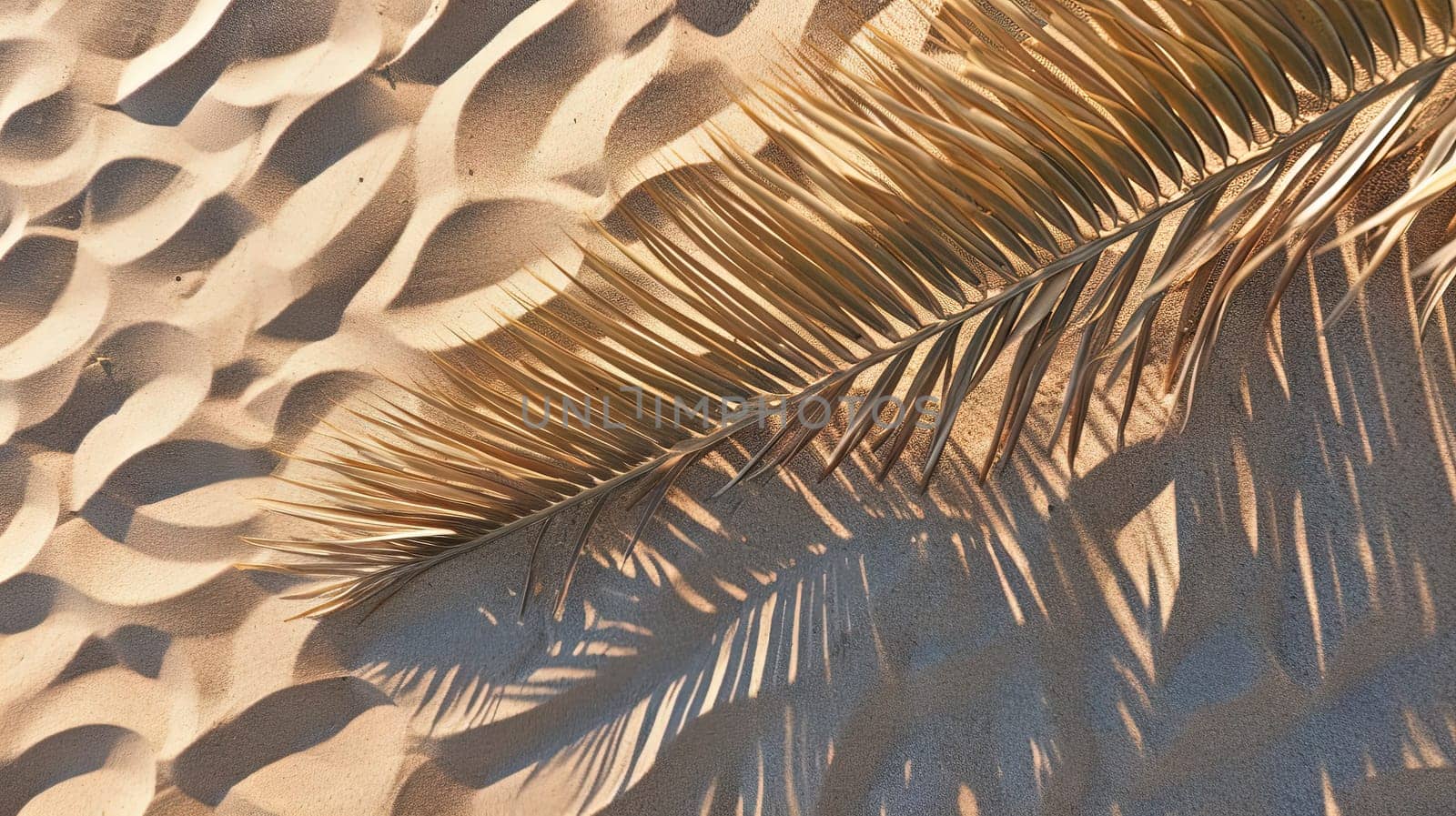 Plam leaves on the tropical beach sand background. Vacation and relaxation concept with dry palm leaves on the hot summer beach. Generated AI