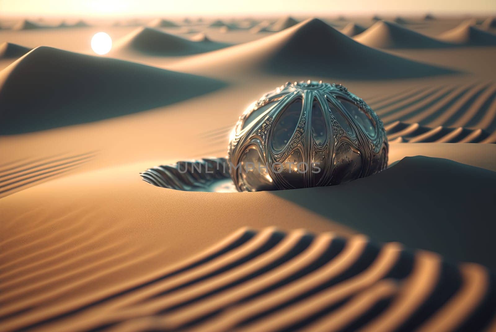 Abstract fantasy shell on the beach. Surreal seashell on the alien planet landscape. Generated AI