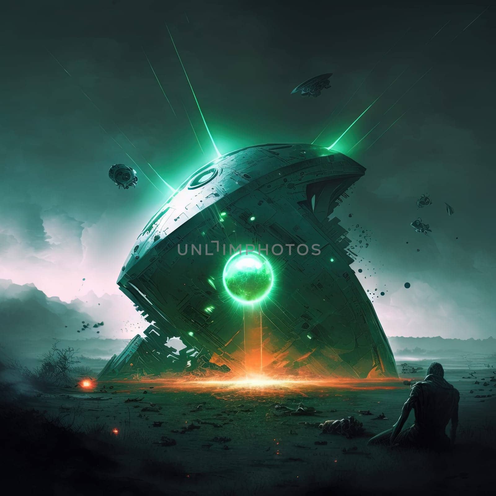 Spaceship crash landing during the battle with laser rays. Alien spacecraft with laser splashes. Generated AI