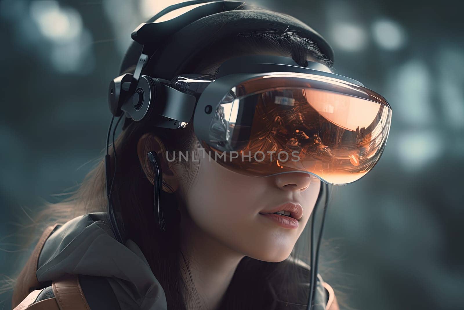 AR glasses technology concept with transparent goggles. Augmented reality futuristic immersive experience. Generated AI