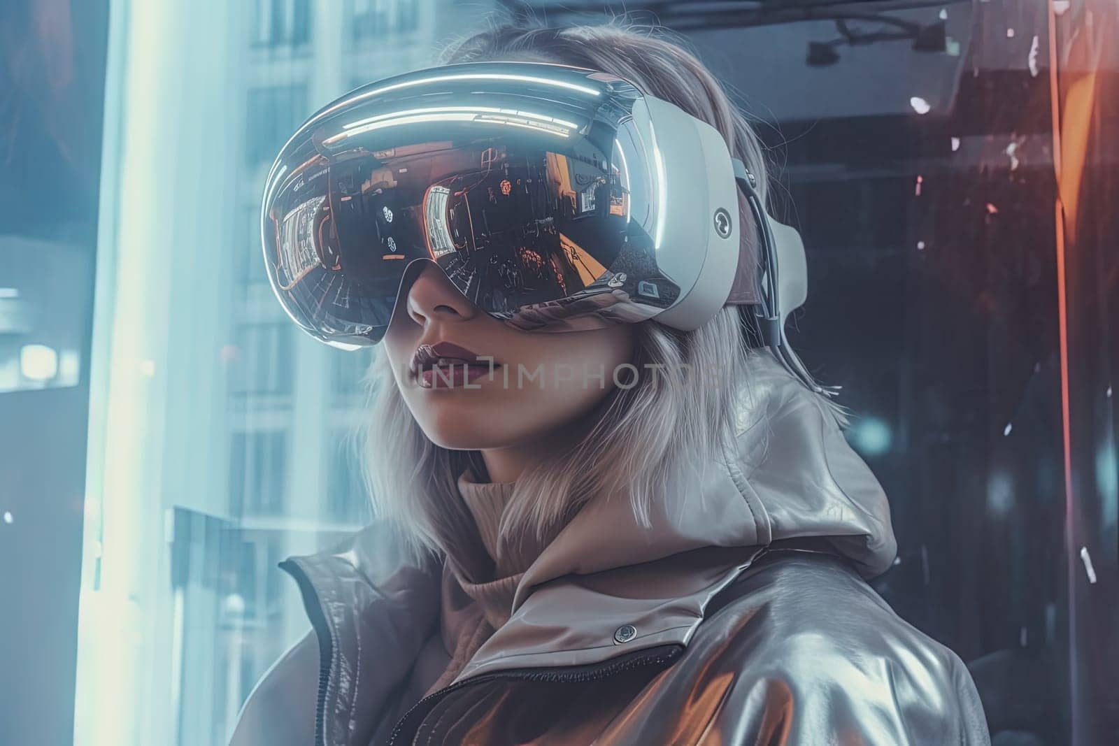 VR goggles technology concept with wearable glasses device. Virtual reality futuristic immersive experience. Generated AI