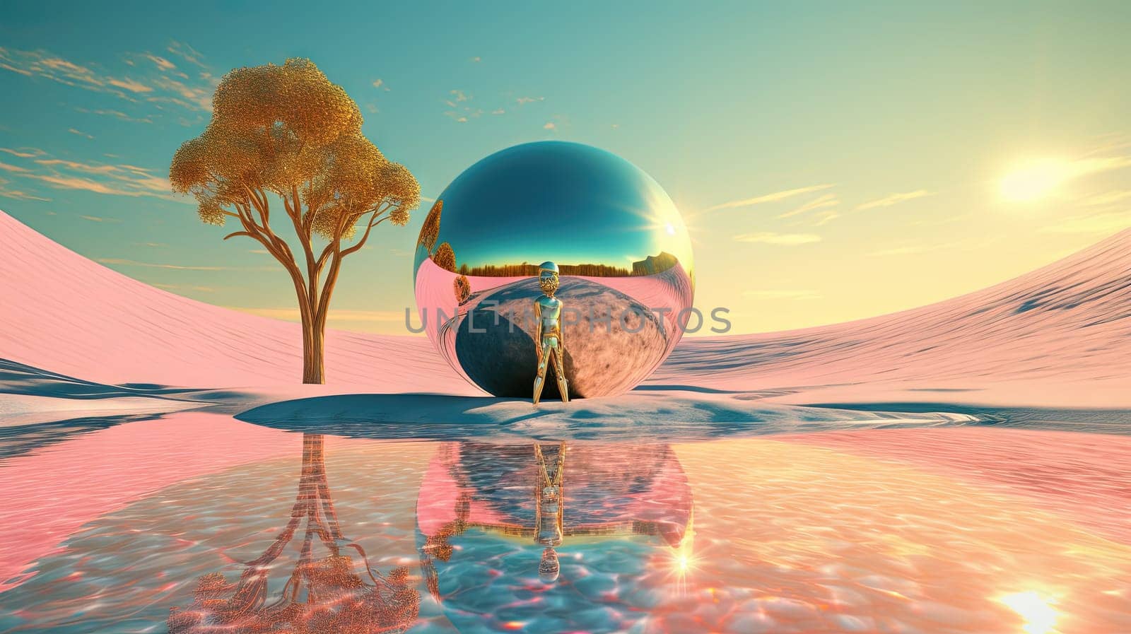 Surreal vaporwave scene with golden ball on the landscape with mountains and sea. 90s styled abstract surreal pink composition. Generated AI