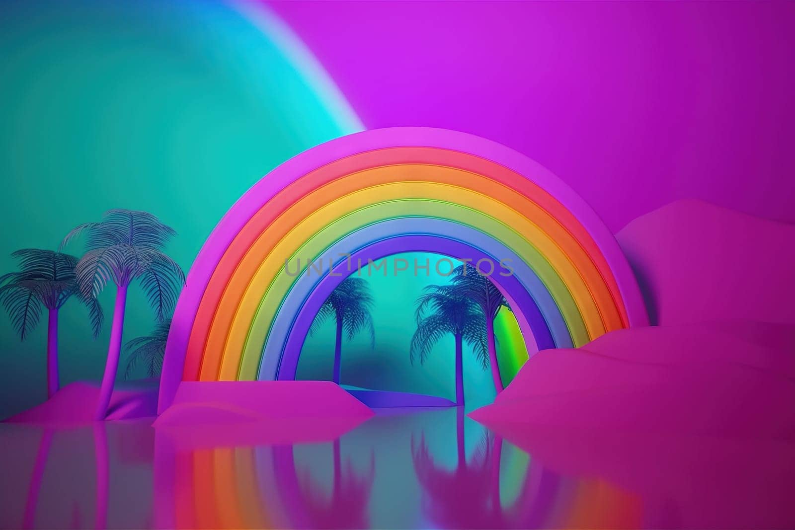 Palm trees and rainbow 80s landscape in vaporwave style. Retrowave vacation background with tropical sunset and palms. Generated AI