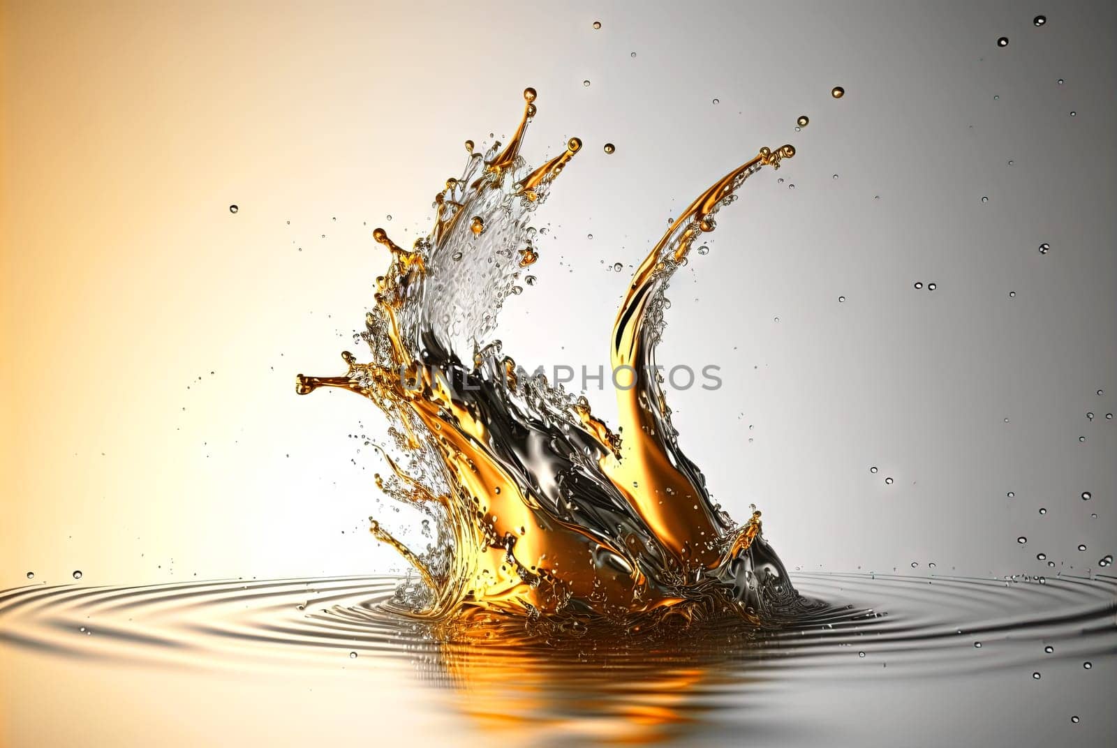 Water splash with beautiful drops flying away. Liquid motion background. Generated AI