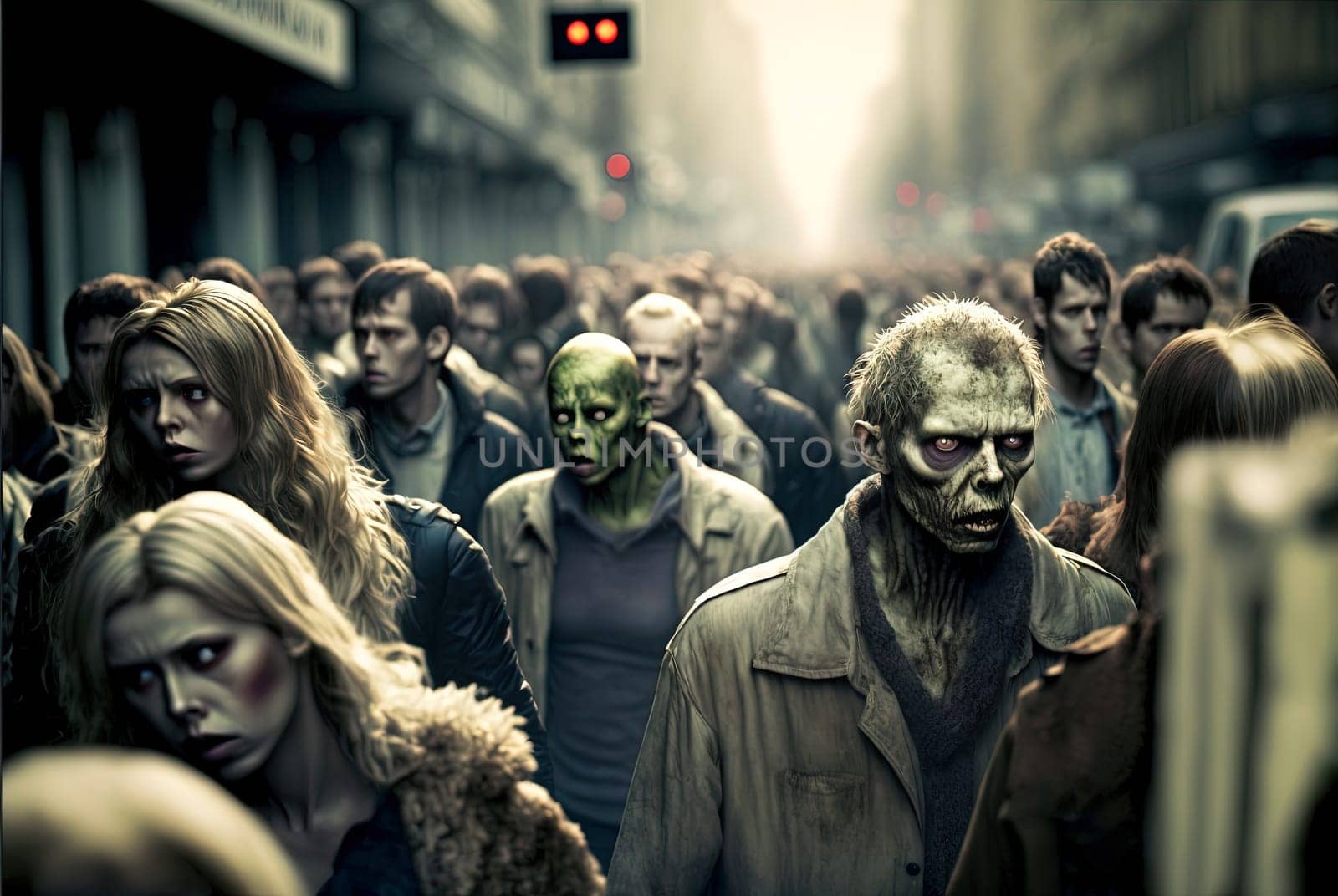 Zombies with scary faces in the crowd during the zombie apocalypse. Horror theme for Halloween or game party ad. Generated AI