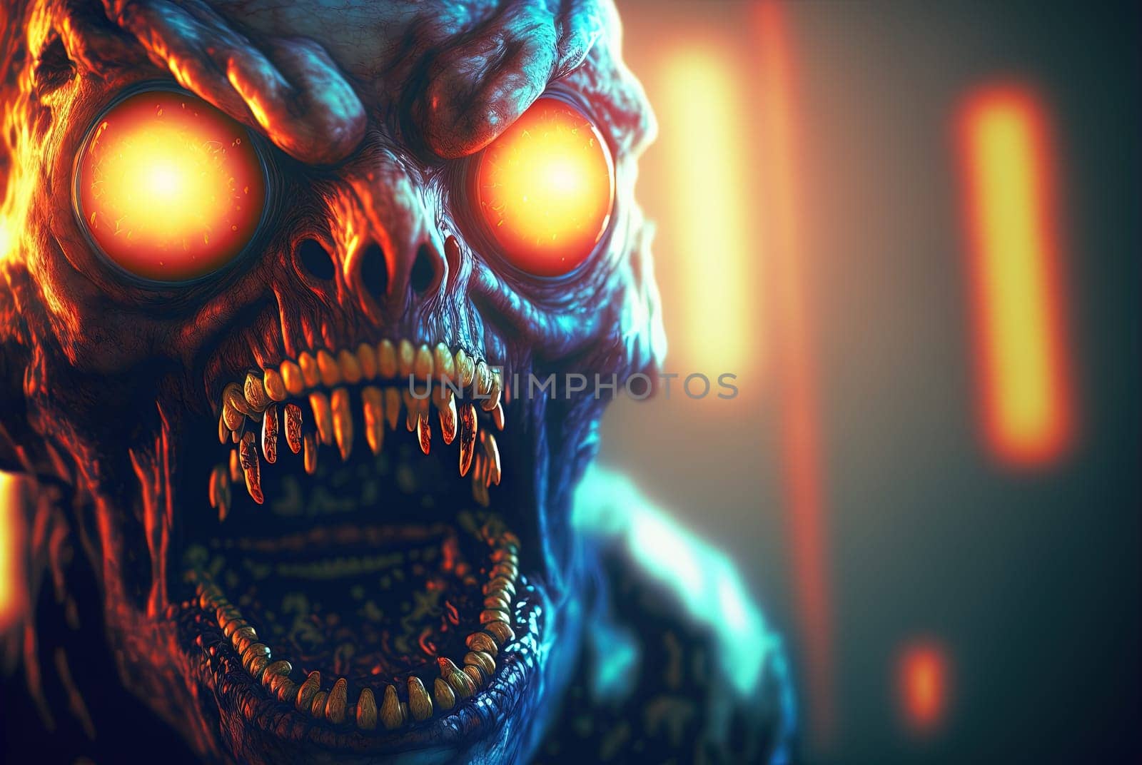 Techno zombie woth neon lights and shiny eyes. Cyberpunk horror party concept. Generated AI
