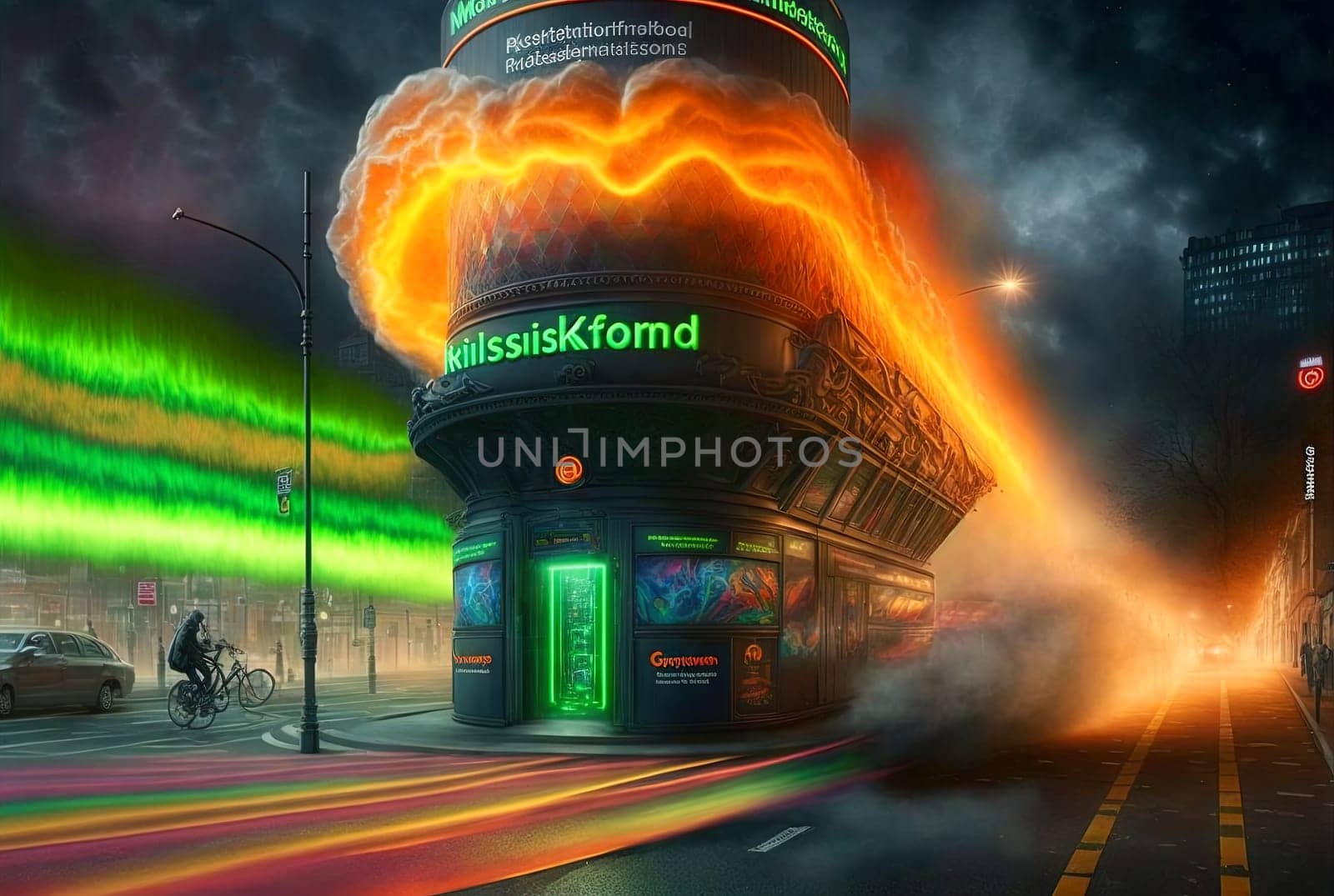Cyberpunk styled cafe on the street corner with neon lights. Futuristic fast food restaurant with fake neon signs. Generative AI