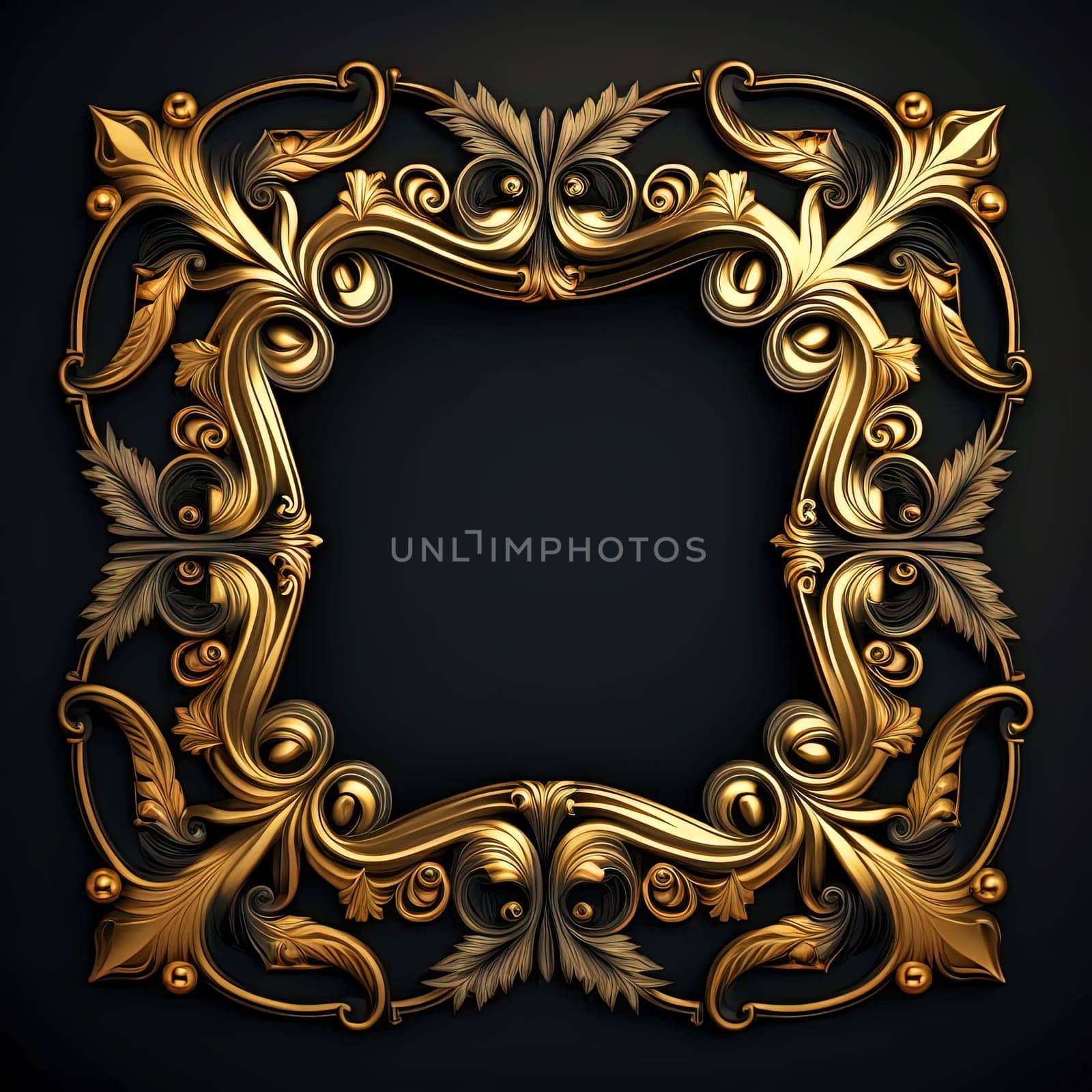 Golden ornamental frame on black bakcground. Retro golden frame with vintage ornament. Generative AI