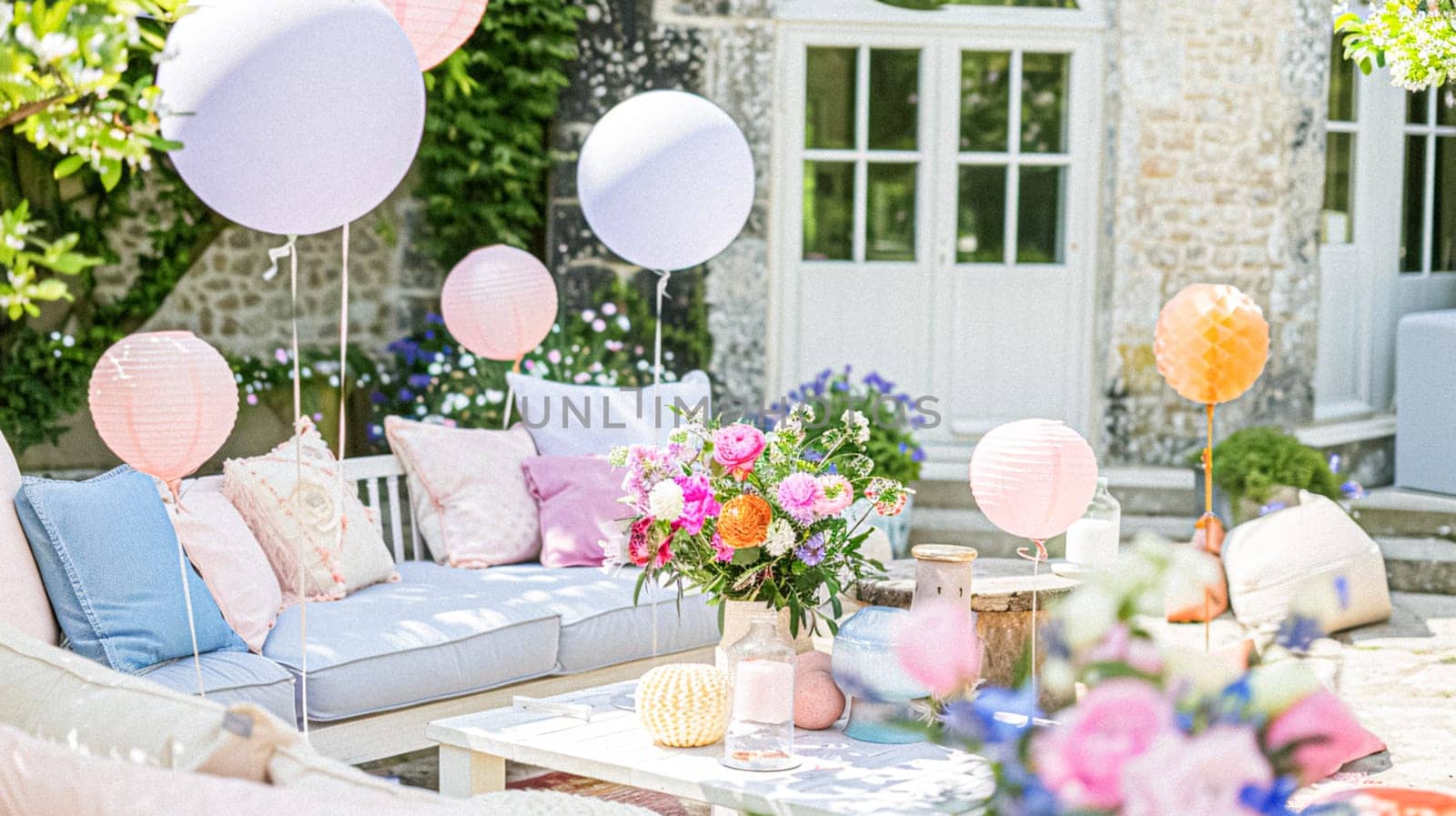 Summer party celebration in the garden, outdoor lounge and countryside house patio decor, English country cottage house design idea