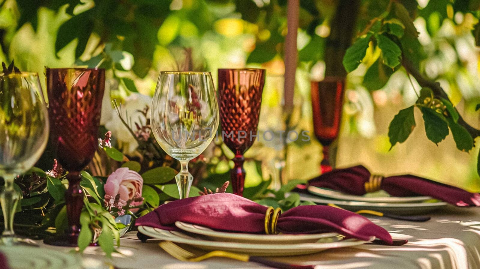 Table decor in a summer garden, holiday tablescape and dinner table setting, formal event decoration for wedding, family celebration, English country and home styling idea