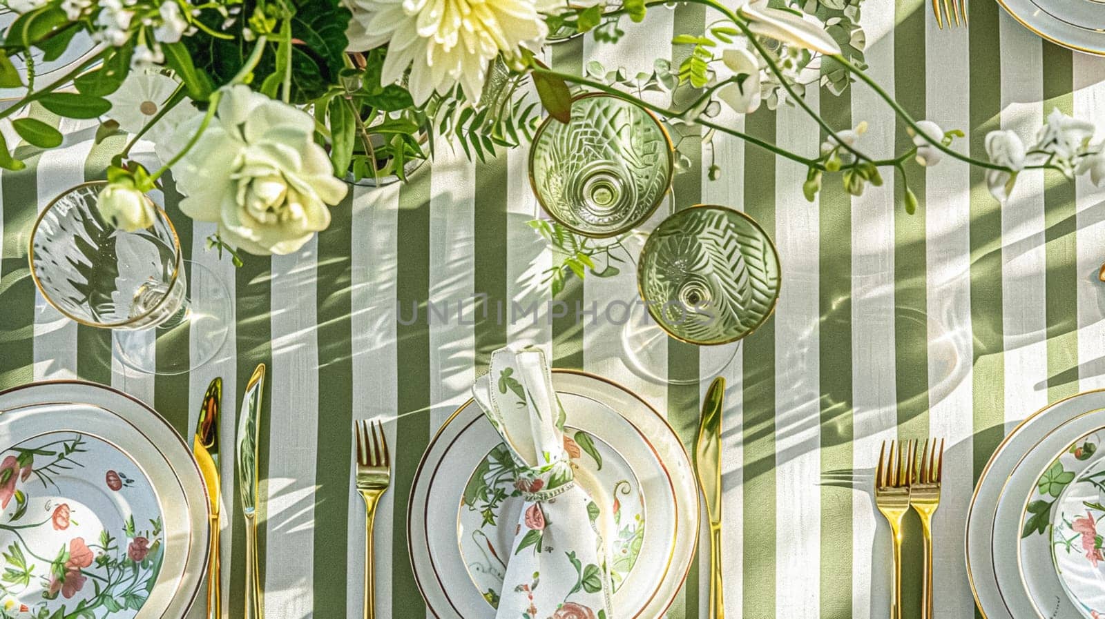 Table decor in a summer garden, holiday tablescape and dinner table setting, formal event decoration for wedding, family celebration, English country and home styling idea
