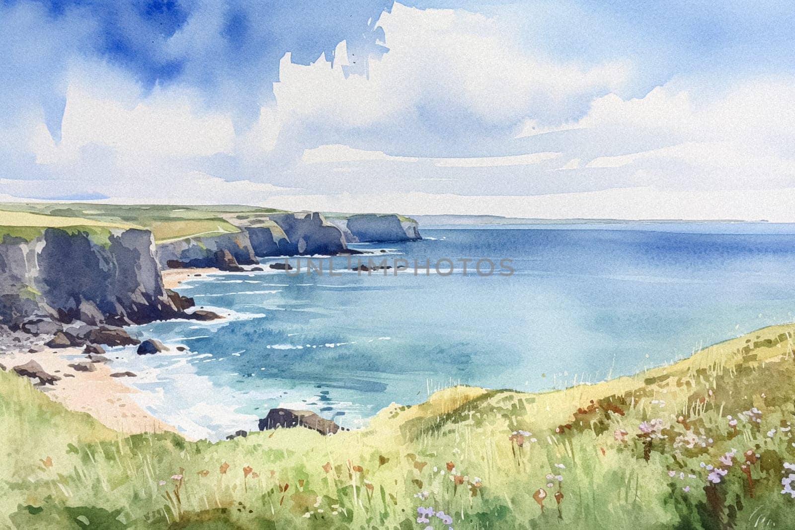 Watercolour fine art coastal painting of the English coast, romantic seaside in soft pastel colours, evoking a sense of tranquility and natural beauty, printable art design idea