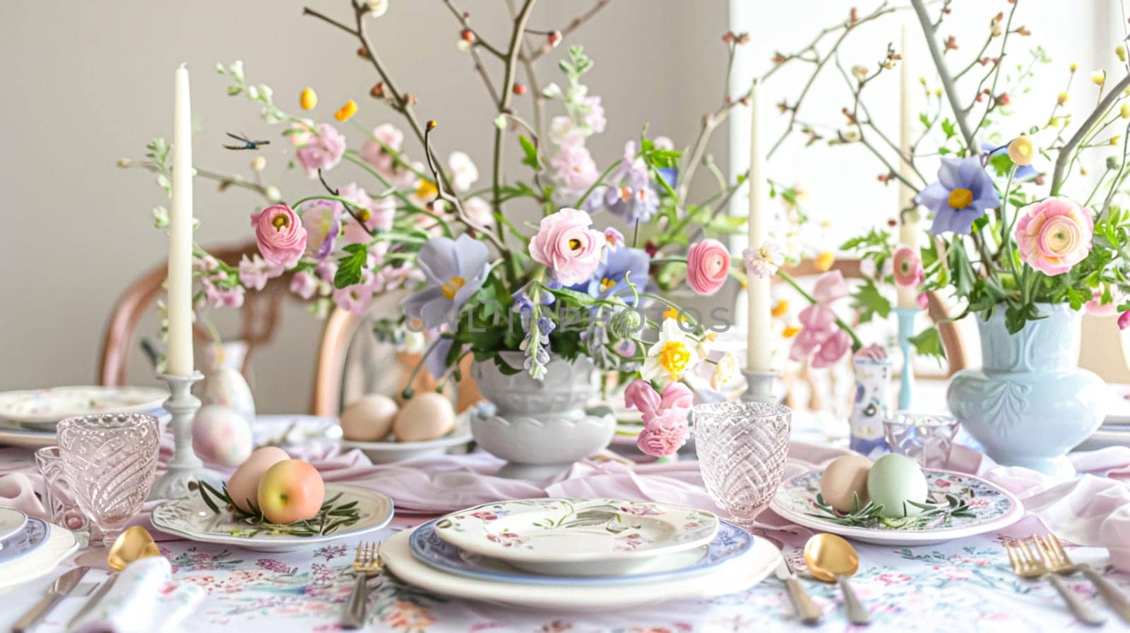 Easter tablescape decoration, floral holiday table decor for family celebration, spring flowers, Easter eggs, Easter bunny and vintage dinnerware, English country and home styling