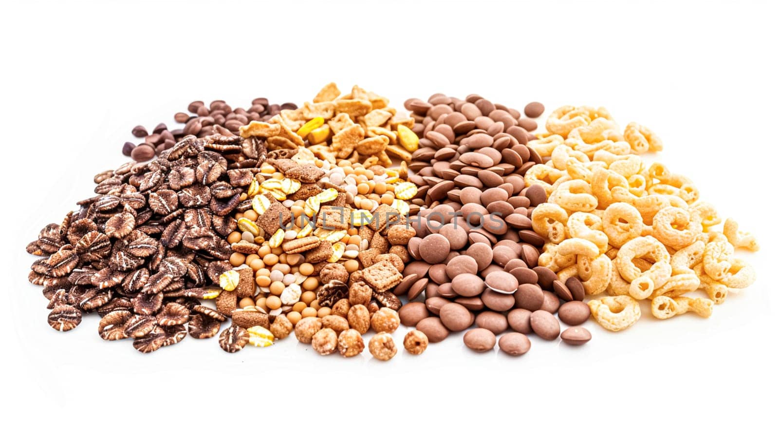Assortment of cereal, grains, muesli or oats for healthy breakfast, organic farm market product isolated on white background