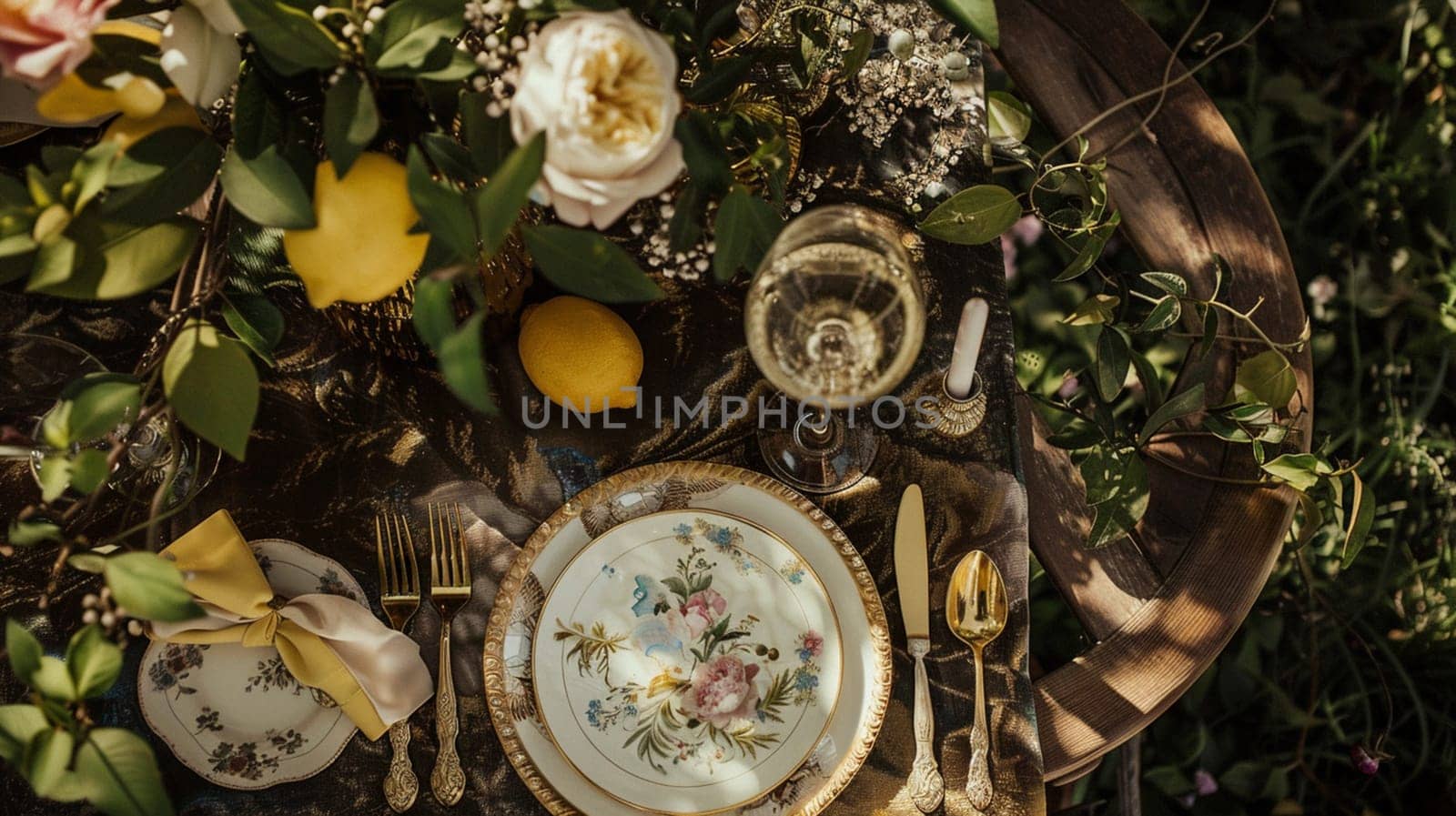 Table decor with fruits in citrus garden, holiday tablescape and dinner table setting, formal event decoration for wedding, family celebration, English country and home styling