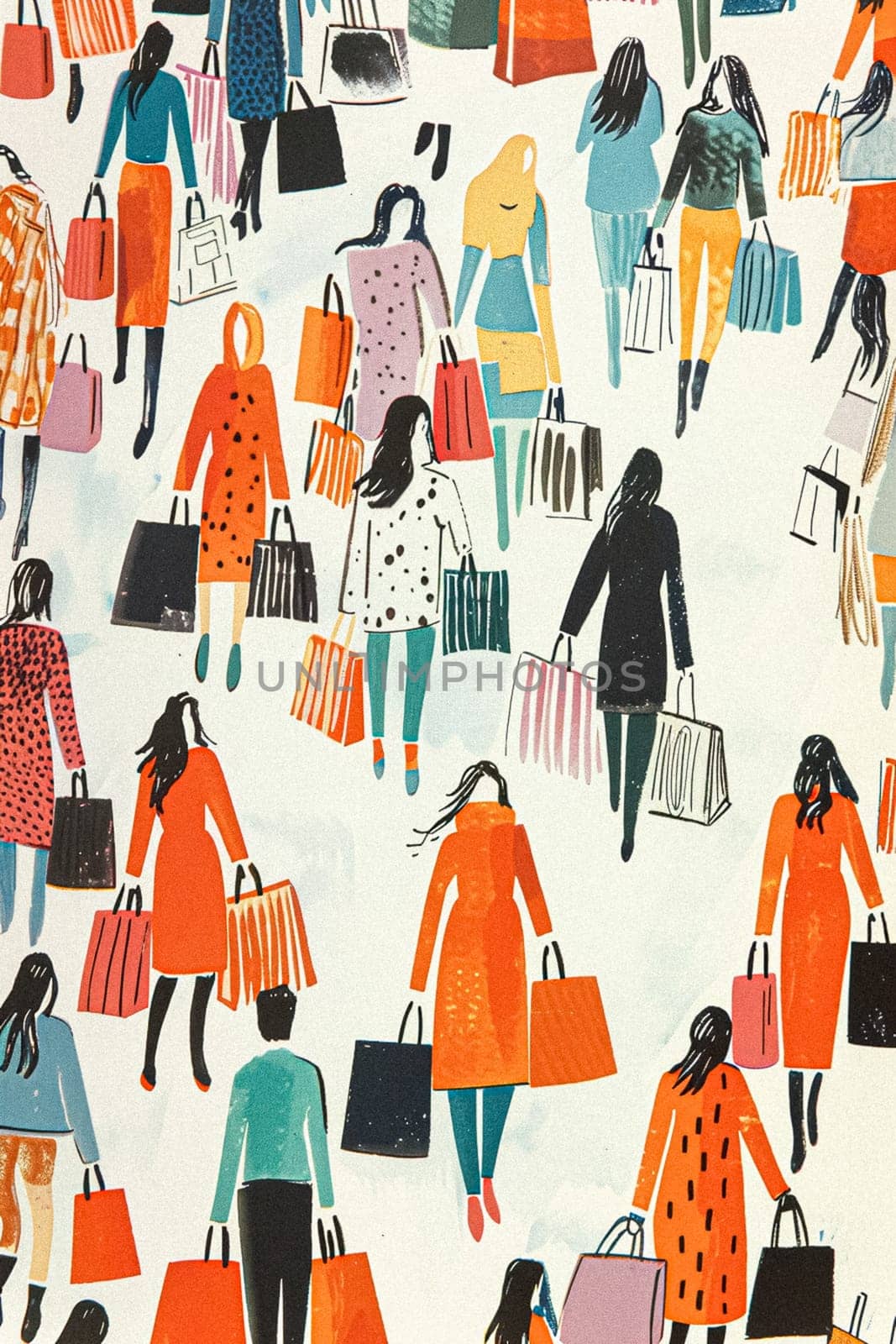 Retro watercolour painting of a women walking while carrying shopping bags, shop and retail idea