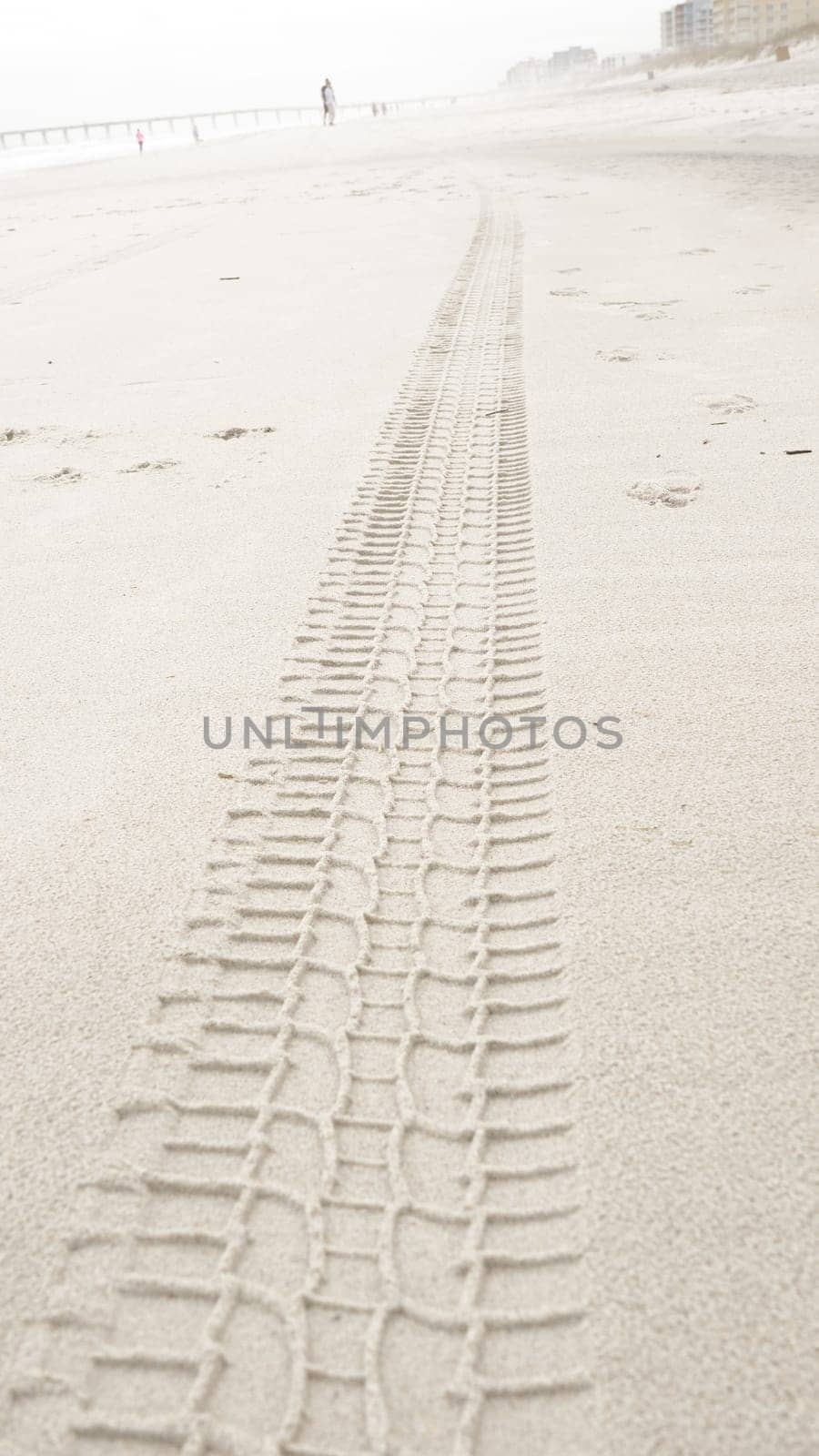 A serene image captures a single tire track delicately etched on the sandy shore, blending human touch with natures beauty in a harmonious display of contrast and tranquility.