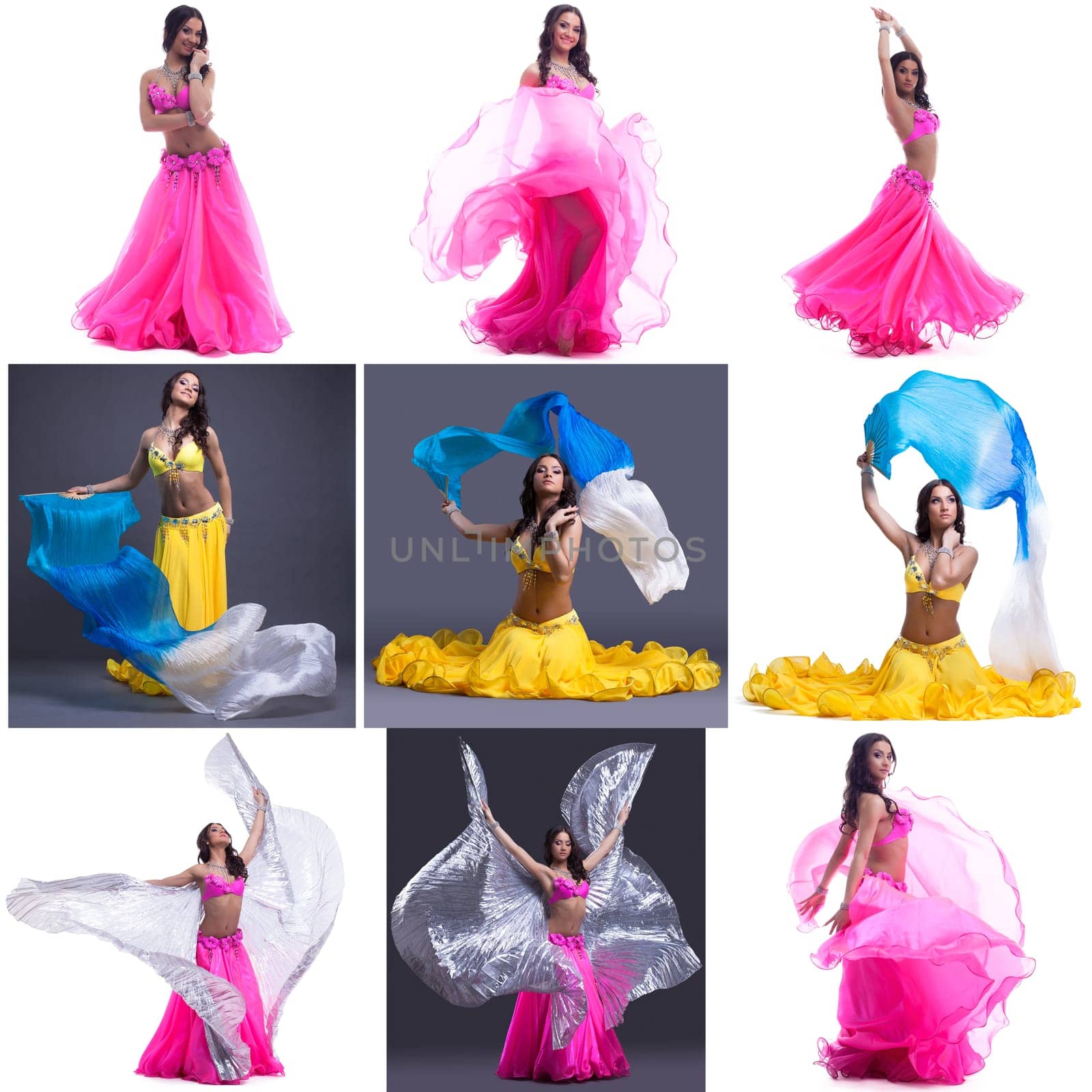 Collage of sexy brunette dancing belly dance with fans