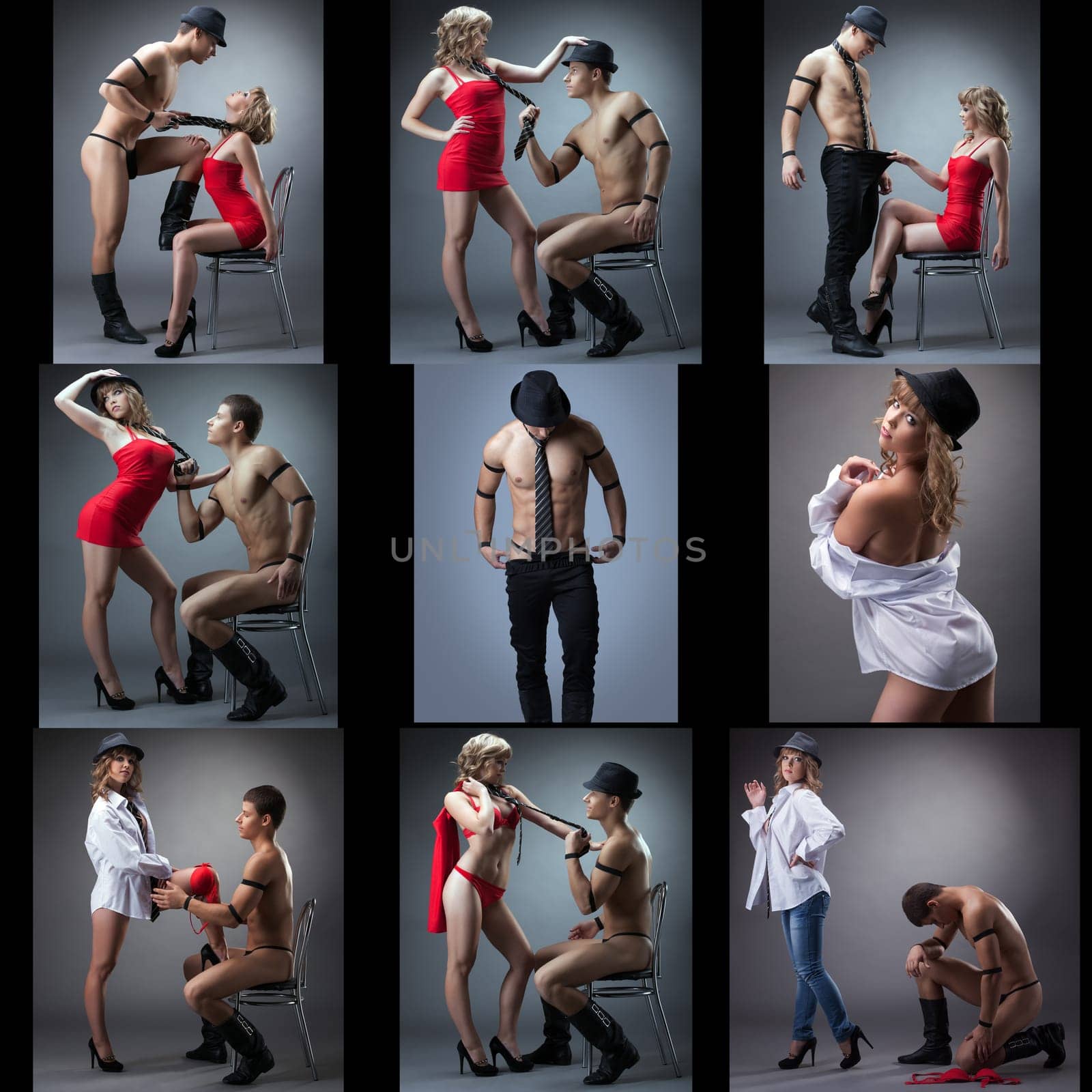 Set of muscular guy and sexy blonde dancing striptease