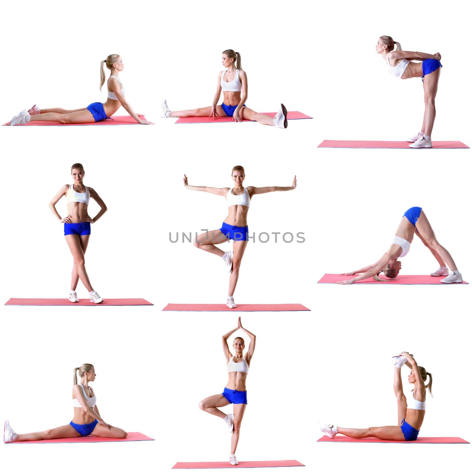 Pilates. Photo mix of blonde girl training on mat