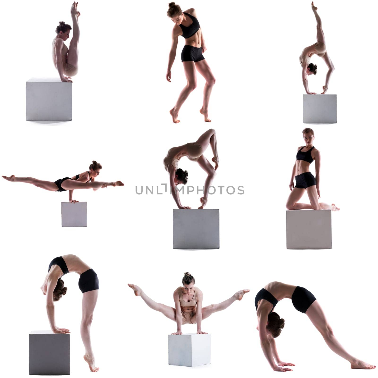 Gymnastics. Collage of flexible girl posing on cube