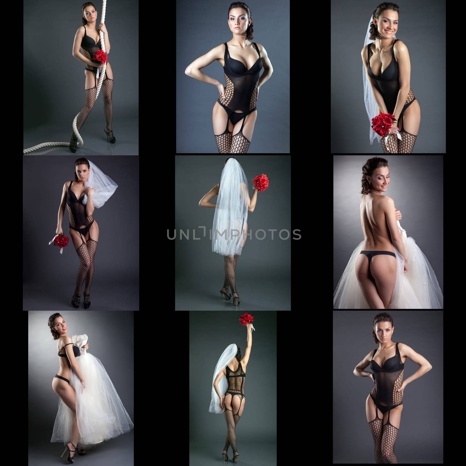 Erotica. Photo set of seductive bride posing in studio