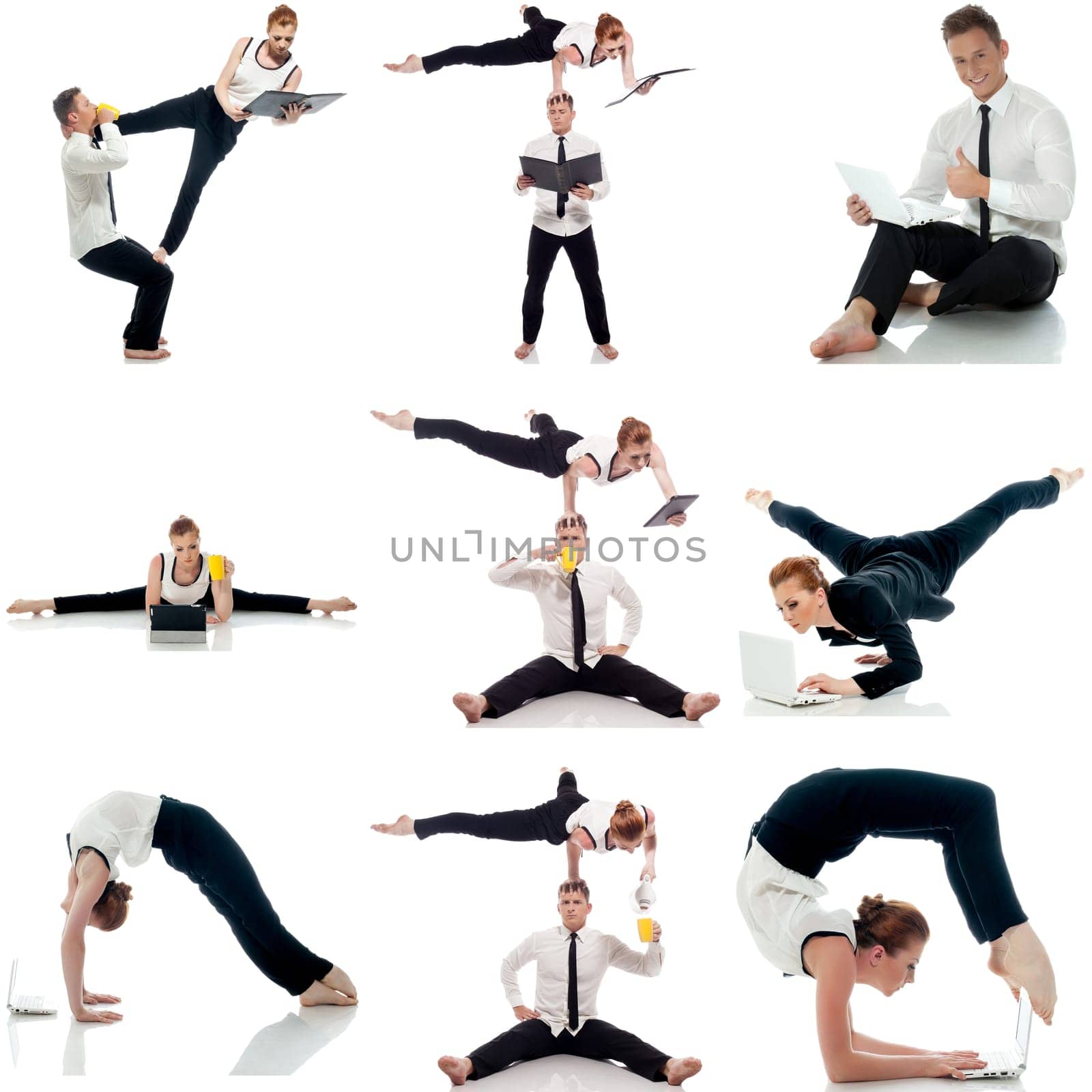 Multitasking. Photo set of acrobats doing yoga in studio