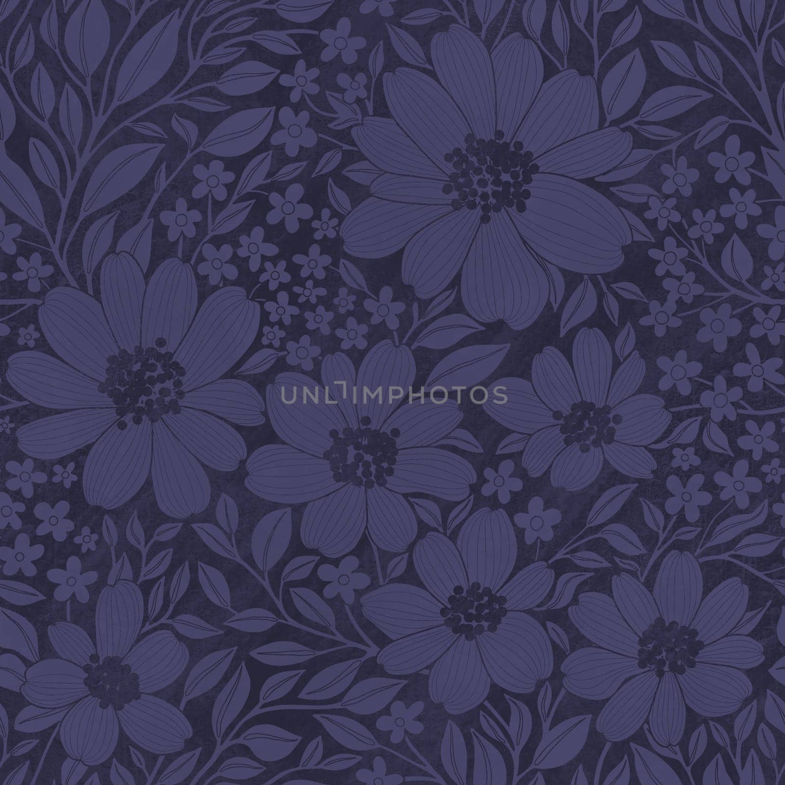 Floral Seamless Pattern of Dark Purple Flowers and Leaves with Texture, Great for Textiles, Surfaces, Wallpapers, Wrapping Papers, Fabrics, Prints, Package Design, Fashion, Beauty Products