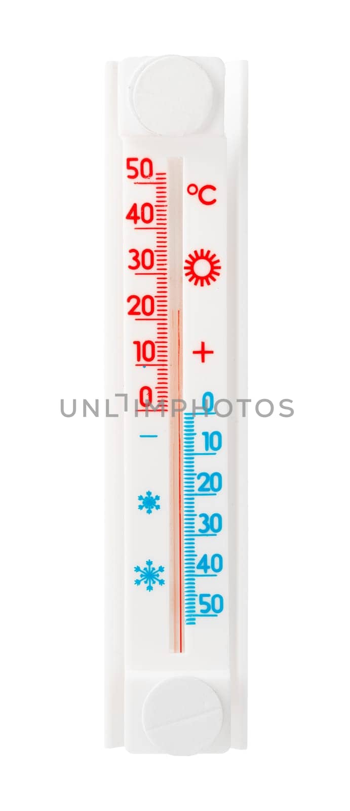 A white thermometer and hygrometer are mounted on a white background.