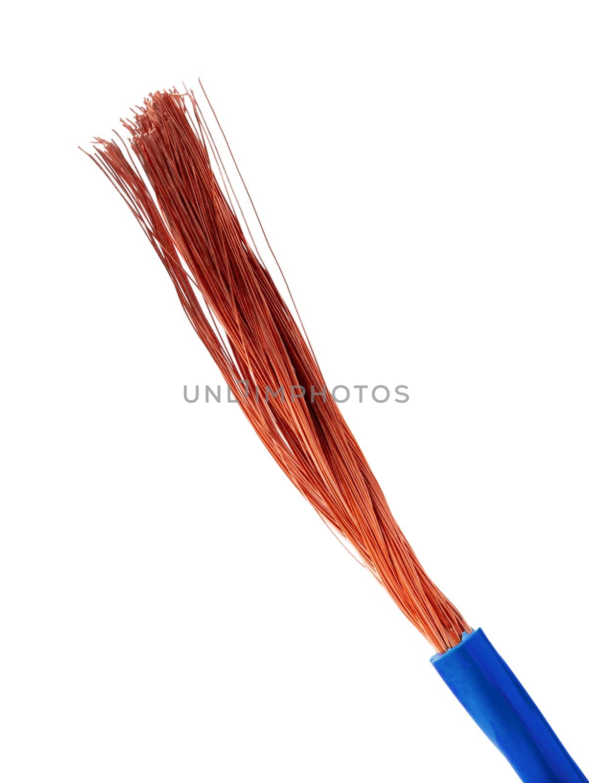 A close-up photograph of a white two-wire electrical cable with exposed copper wires.