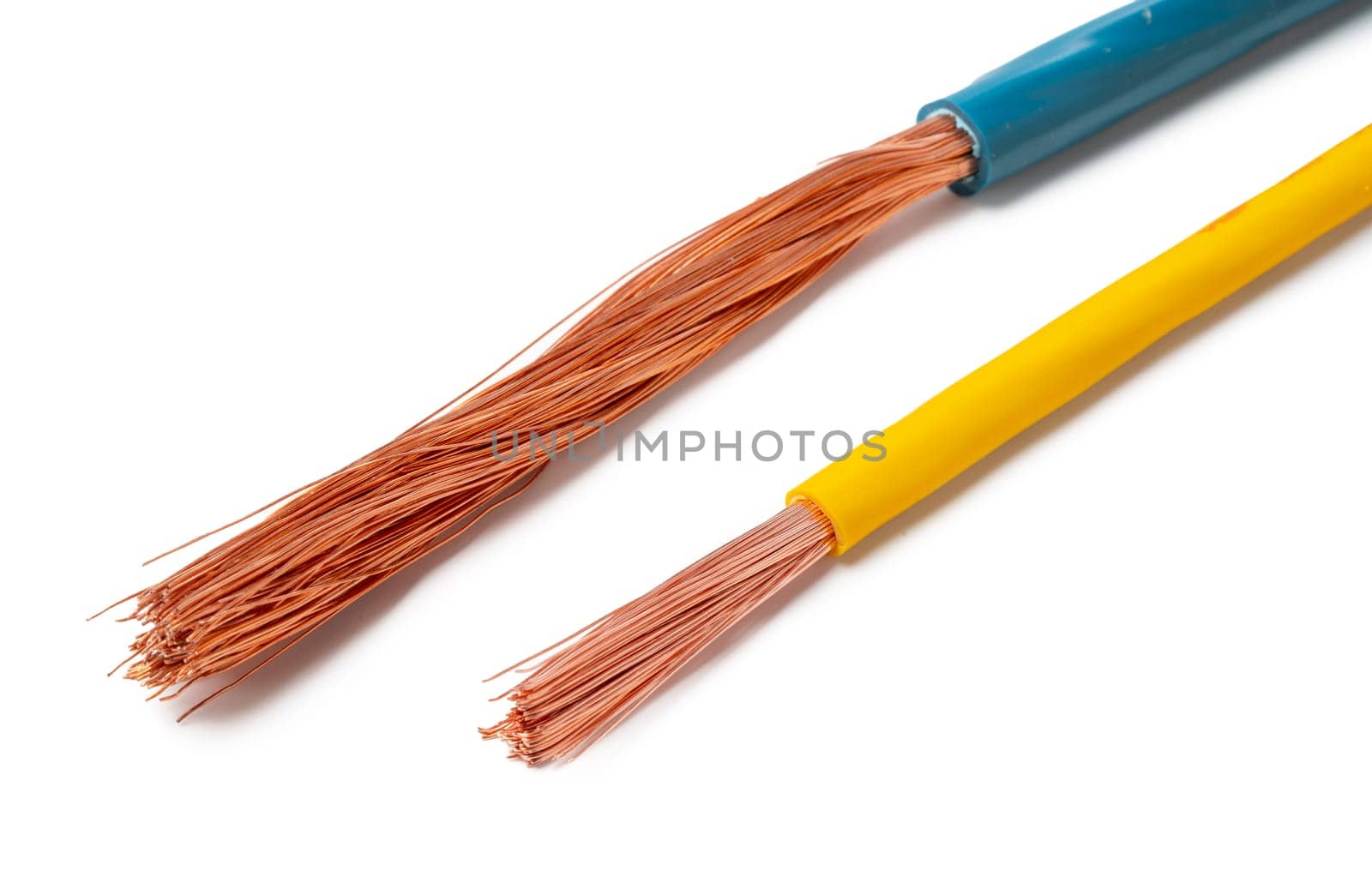 A close-up image showcasing various types of electrical wires with exposed copper strands on a white background.
