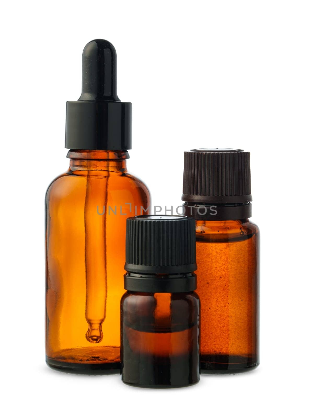 This image shows three amber glass bottles with dropper tops on a white background.