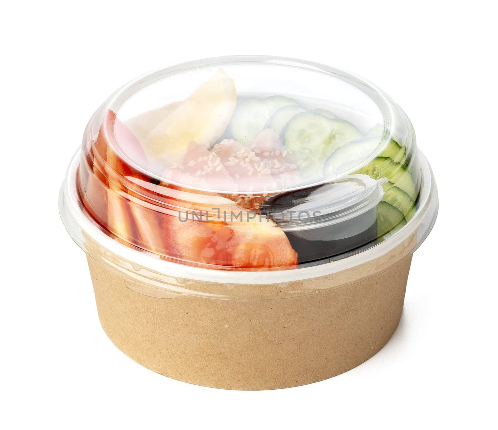 Take out poke bowl isolated on white background close up