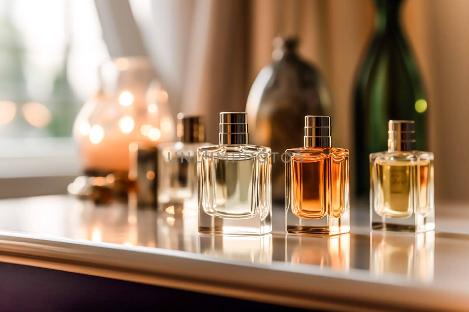 Luxury perfume bottles on display at a presentation, women fragrance scent new exclusive collection idea, post-processed, generative ai