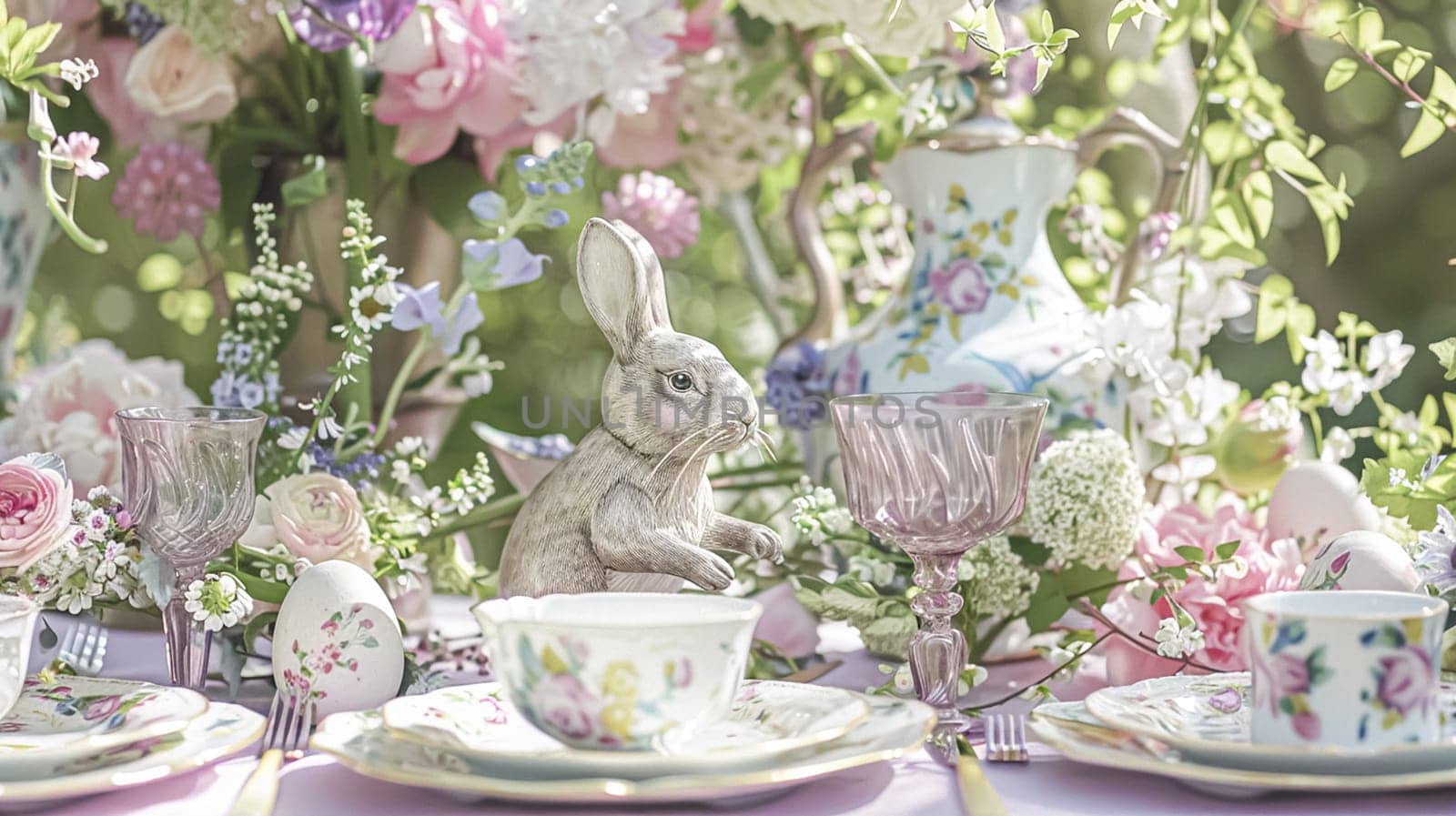 Easter tablescape decoration, floral holiday table decor for family celebration, spring flowers, Easter eggs, Easter bunny and vintage dinnerware, English country and home styling