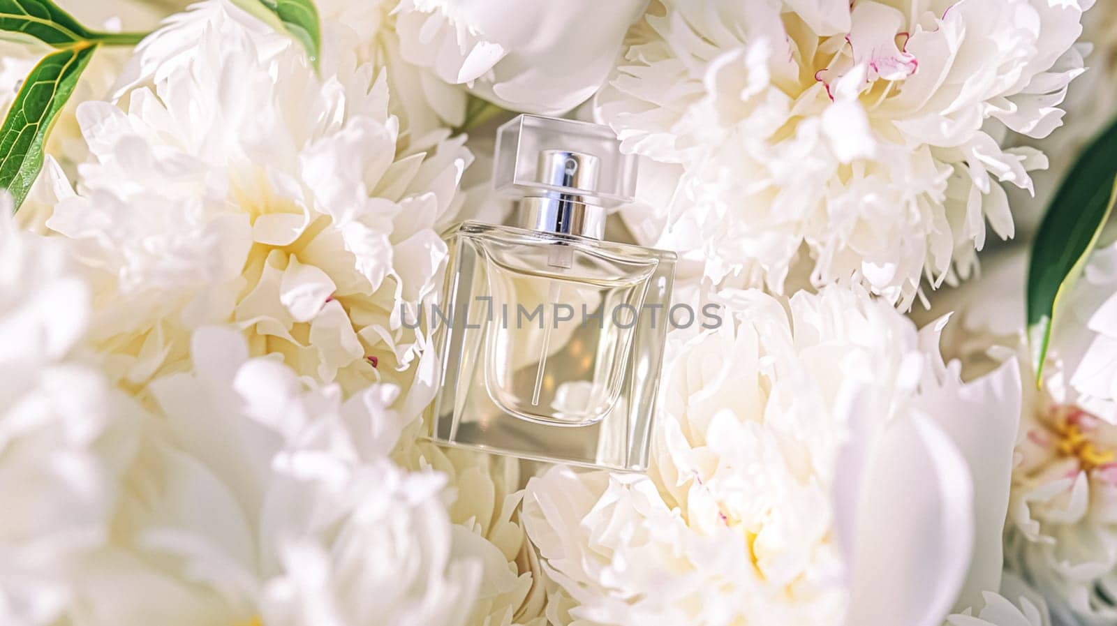 Perfume bottle in flowers, fragrance on blooming background, floral scent and cosmetic product idea